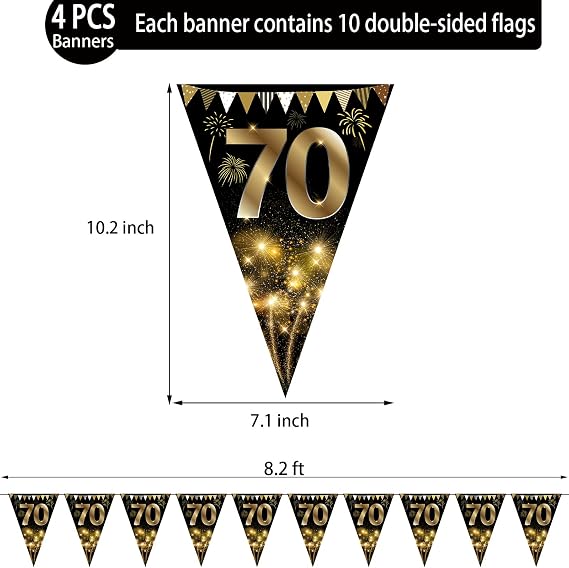 Happy 70th Birthday Bunting Gold and Black Glitter Birthday Anniversary Party Decoration Supplies Triangle Flag Banner for Men Women 40 Pack