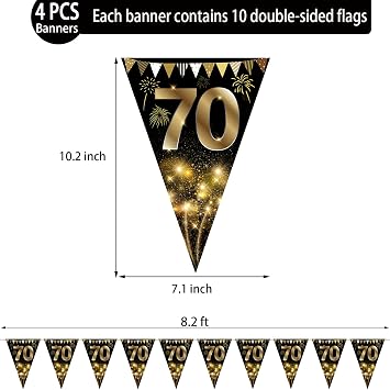 Happy 70th Birthday Bunting Gold and Black Glitter Birthday Anniversary Party Decoration Supplies Triangle Flag Banner for Men Women 40 Pack