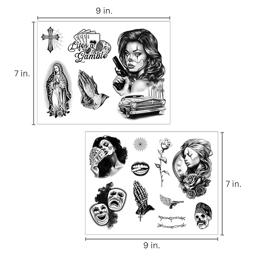 Miniatura 5 de Los Vatos Chicano Vol. I - 38 Designs - Cholo Chola Tatuajes Temporales Para Hombres Mujeres, Payasa, Lowrider, Virgen María, Oración, Cruz,