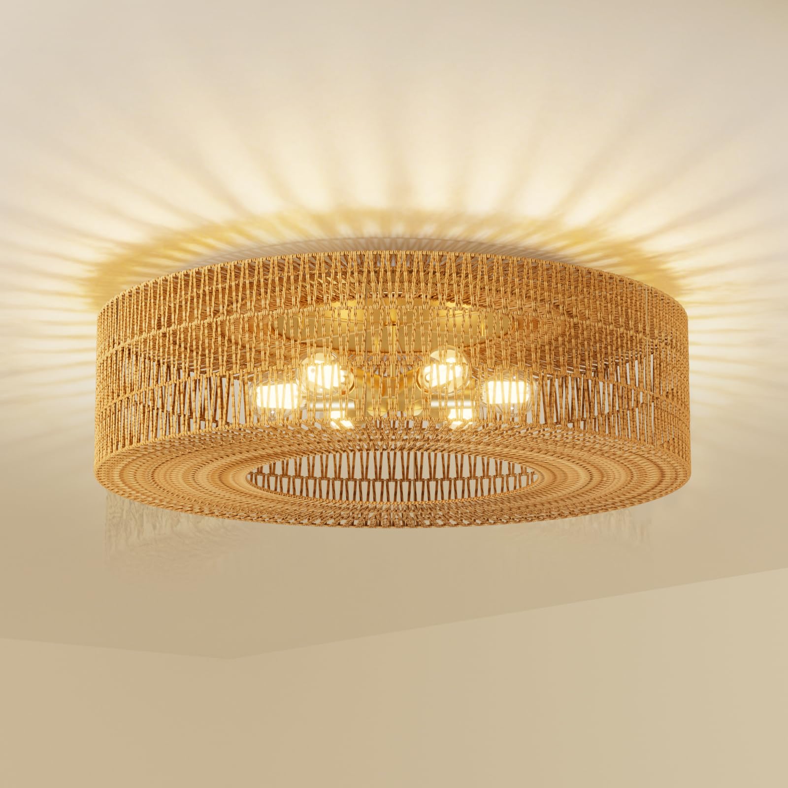 ROOMTEC 30" Boho Rattan Ceiling Light,6-Light Modern Farmhouse Rattan Light Fixture with Dimmable E26 LED Bulb Gold Handmade Ceiling Lamp for Dining