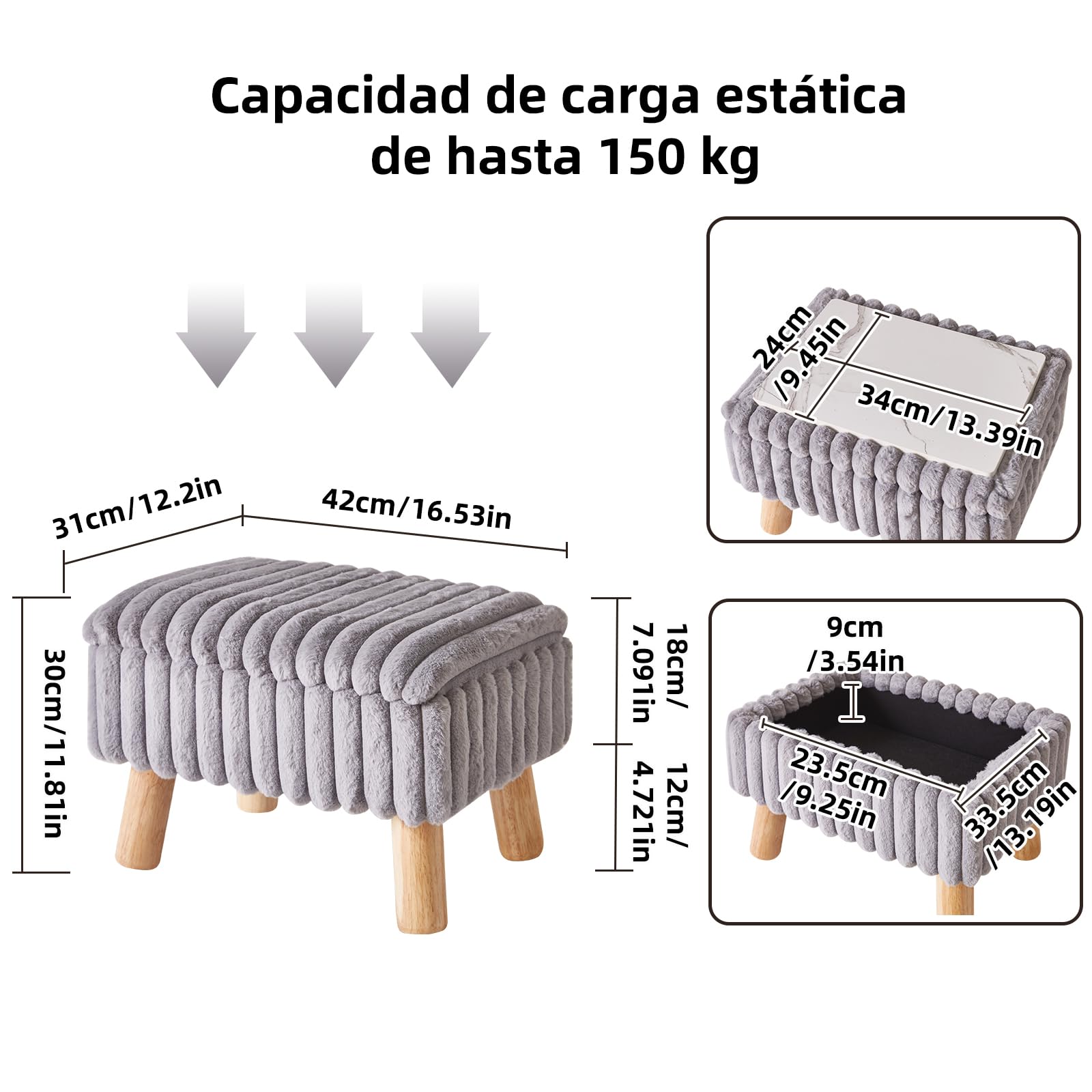 Aibiju Taburete Pequeño, Otomana de Terciopelo con Patas de Madera, Reposapiés Otomana, Asiento Adicional, Mesa Pequeña para Sala de Estar, Dormitorio, Recibidor, Gris YD-JD152G