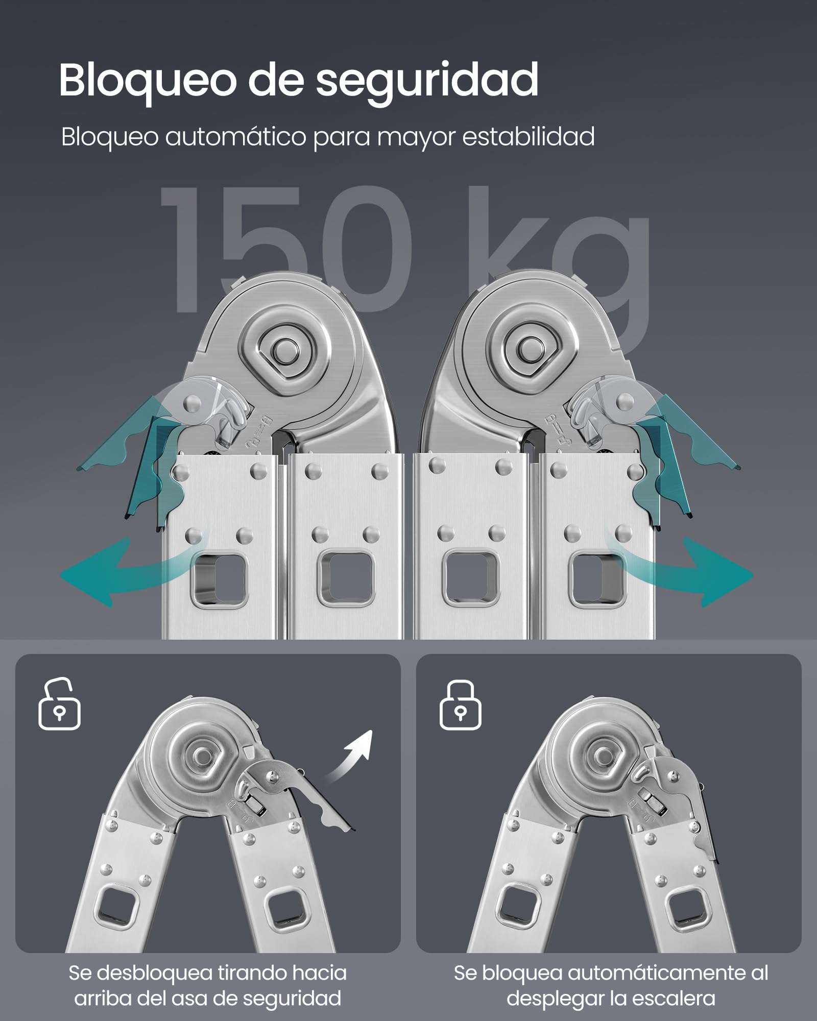 SONGMICS Escalera de Tijera, Escalera de Aluminio, Doméstica, 4 x 4 Peldaños, Carga de 150 kg, 16 Peldaños, Diseño 6 en 1, 430 cm de Largo, Plata GLT046E01