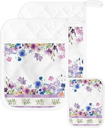 Miniatura 9 de Juego de 4 agarraderas de tela de toalla con bolsillo antideslizante y aislante de calor para cocina, guantes gruesos para horno, posavasos para