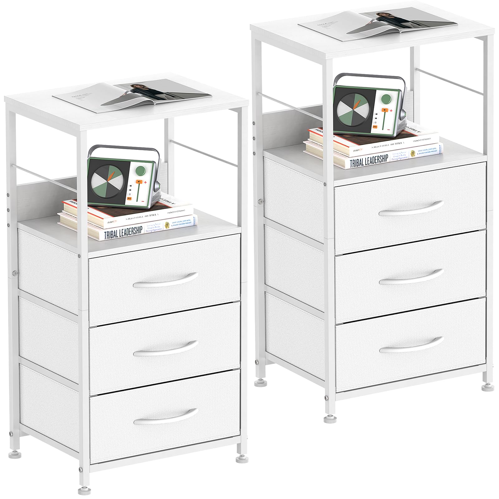 NORCEESAN Tall Nightstand Set of 2, Side Tables with Fabric Drawers Bedside Nightstand Set of 2 White, 3 Fabric Drawer Night Stand with Storage Shelf Tall End Side Table for Bedroom Living Room Dorm