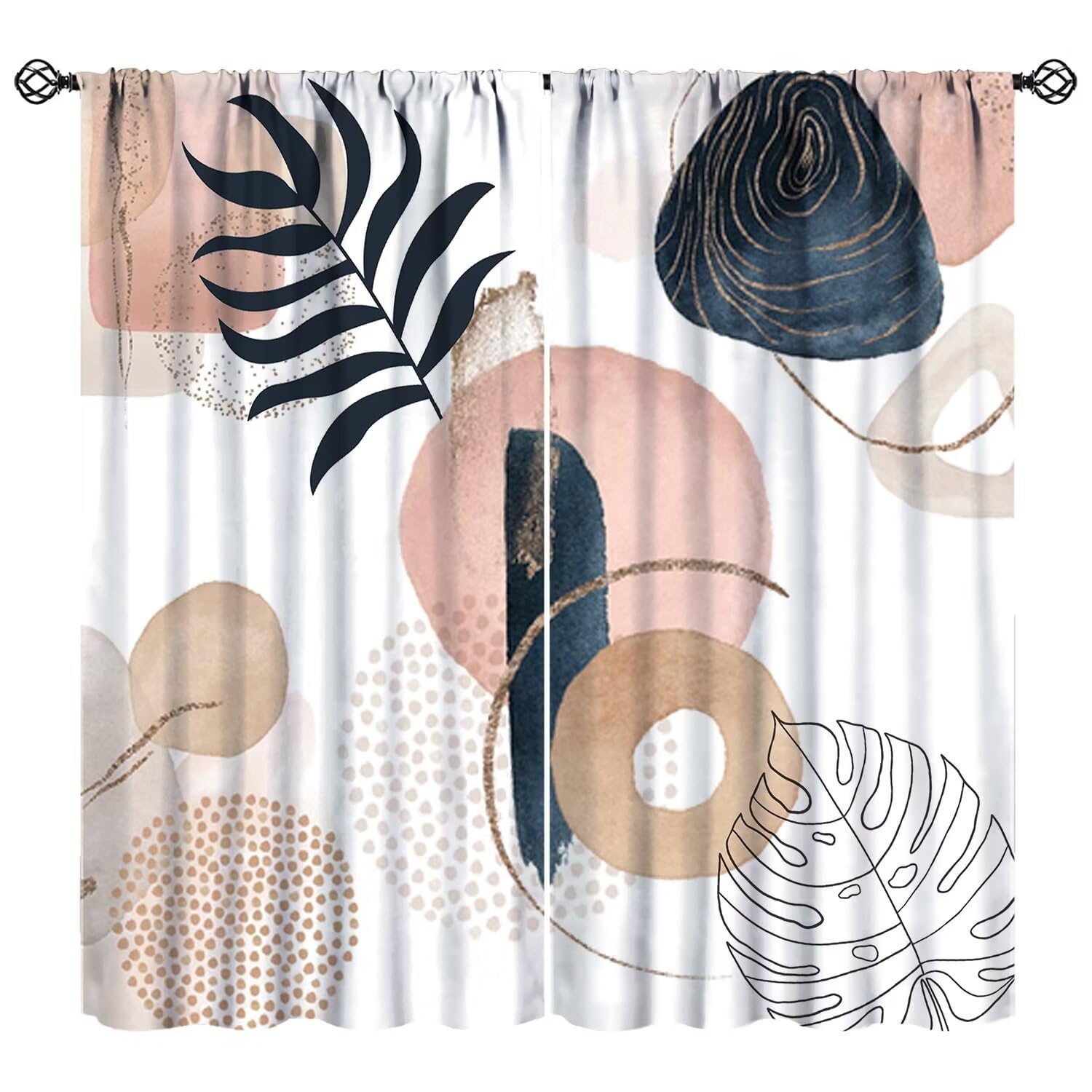 JESTRONRY Boho Mid Century Curtains, Abstract Blue Pink Gold Colorful Geometric Leaves Minimalist Chic Modern Home Decor Window Treatments Curtain for Bedroom Living Room 42x45 Inch Decor