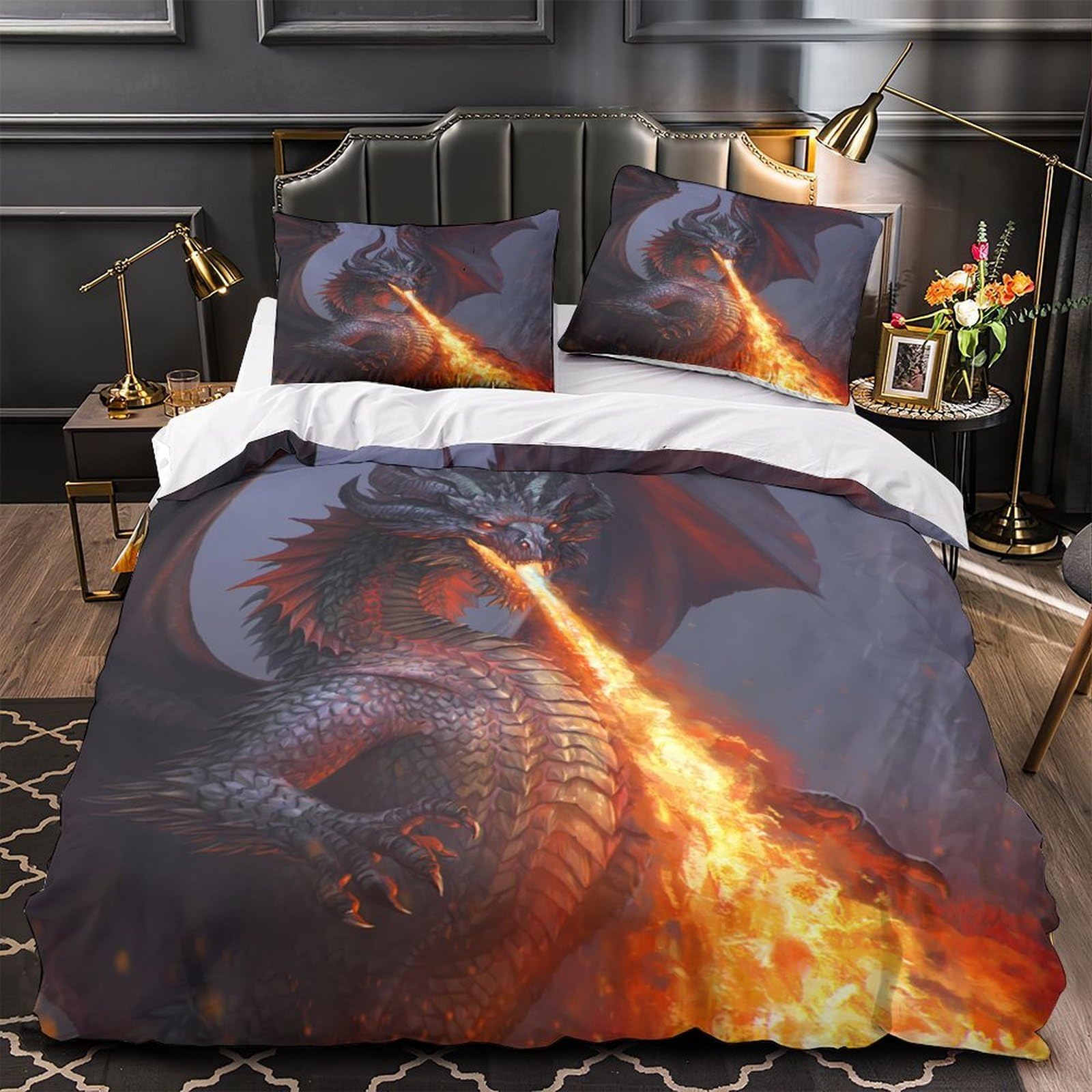 Fire-breathing-dragon Comforter Cover 3D Design Printed Super Soft 3 Pcs Bedding Set Zipper Quilt Cover Luxury Machine Washable for Kids Girls Boys Adults Women Teens Super king（260x220cm）
