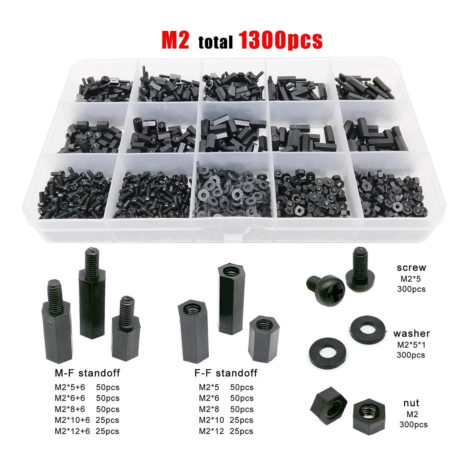 445/1300 Stück M2,5 M3 M4 schwarzer Kunststoff-Nylon-isolierter
