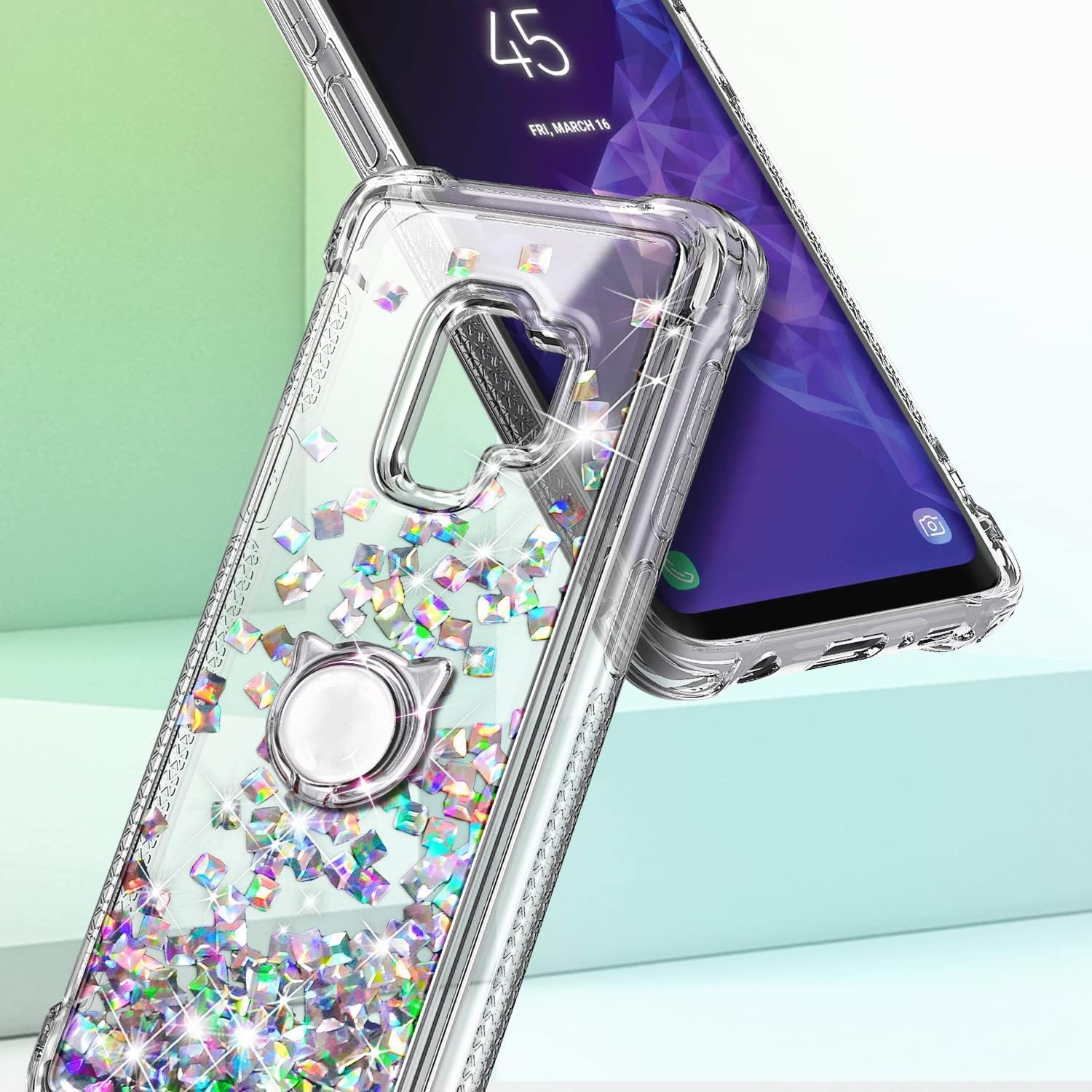 E-Began Case for Samsung Galaxy S9 with Screen Protector (Maximum Coverage, Flexible TPU Film), Ring Holder/Wrist Strap, Glitter Flowing Liquid Girls Women Kids Cute Case -Clear Gem