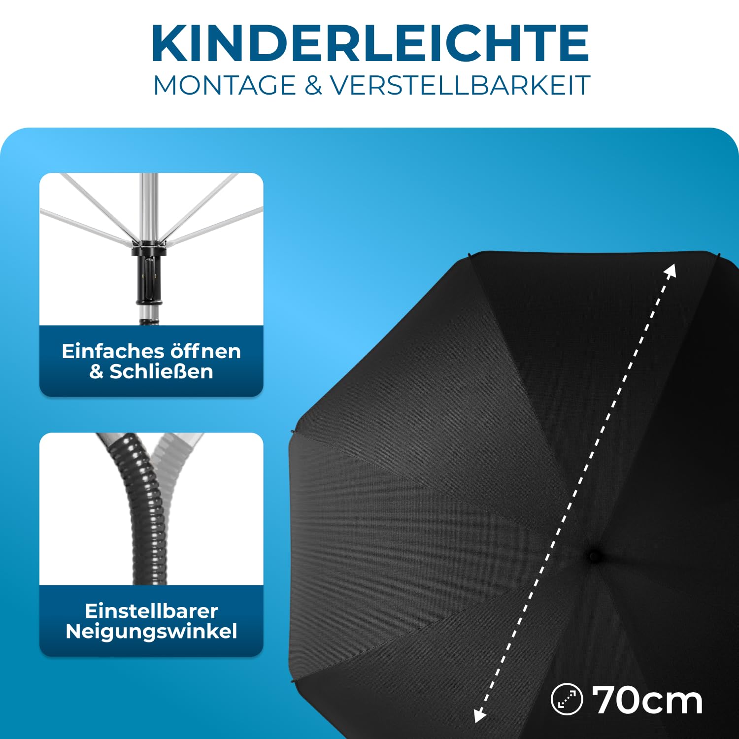 STYNGARD Sonnenschirm Kinderwagen UV Schutz 50+ / 70 cm Durchmesser mit Überhang - Sonnenschutz Kinderwagen - Sonnenschutz Buggy mit flexibler Universalhalterung Modell ROME