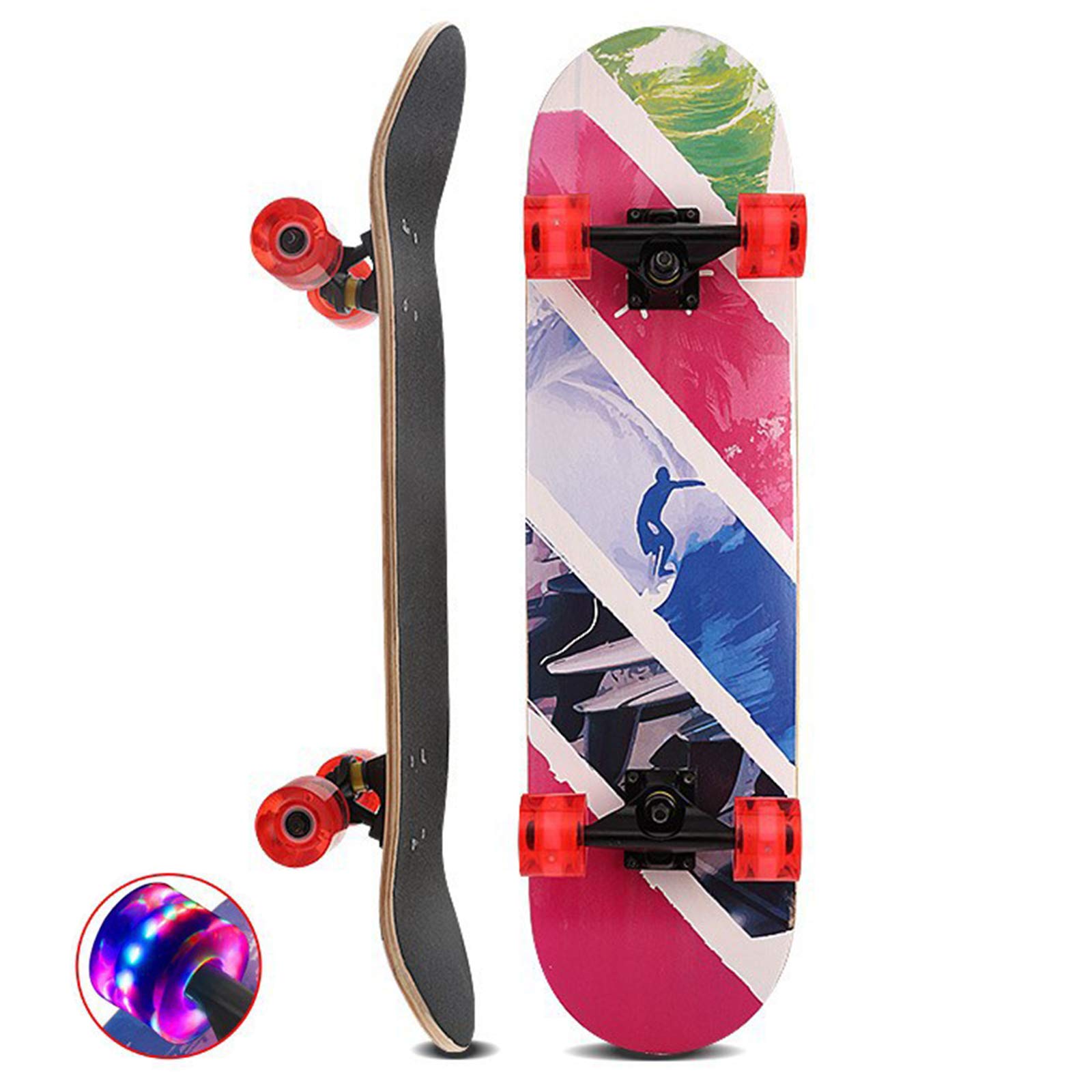 Skateboard Planche à roulettes 31 x 8 Pouces 7 Couches Longboards en Bois D'érable avec Roues Lumineuses à LED, Skateboard Cruiser Complète Professionnelle pour Adolescents Adultes Enfants