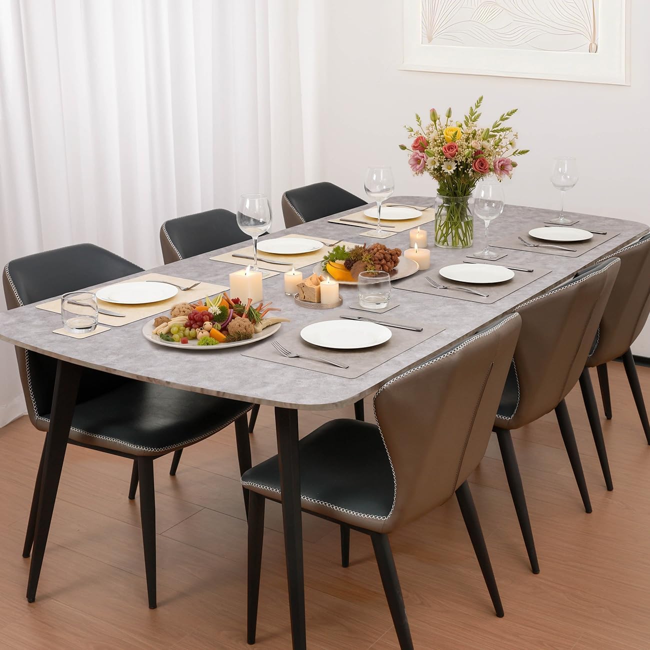 Dual-Sided Two-Tone Vinyl Placemats Set of 6 with Coasters, 12x17 Inch - Waterproof Faux Leather Table Mats, Heat Resistant Washable Wipeable Place Mats for Kitchen Dining, Beige/Light Gray