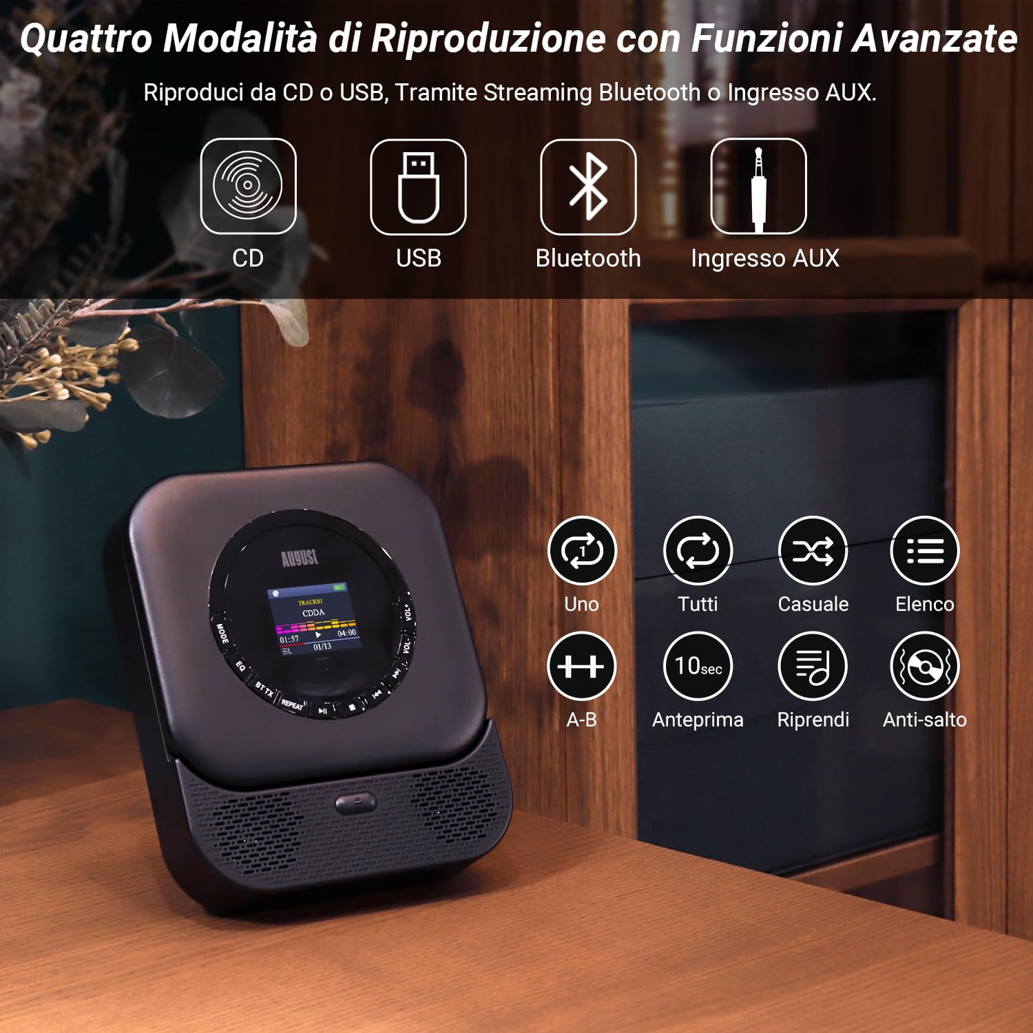 August SE15 Lettore CD Portatile Bluetooth 5.3 USB AUX 6W Batteria Ricaricabile EQ Antiurto Montaggio a Parete