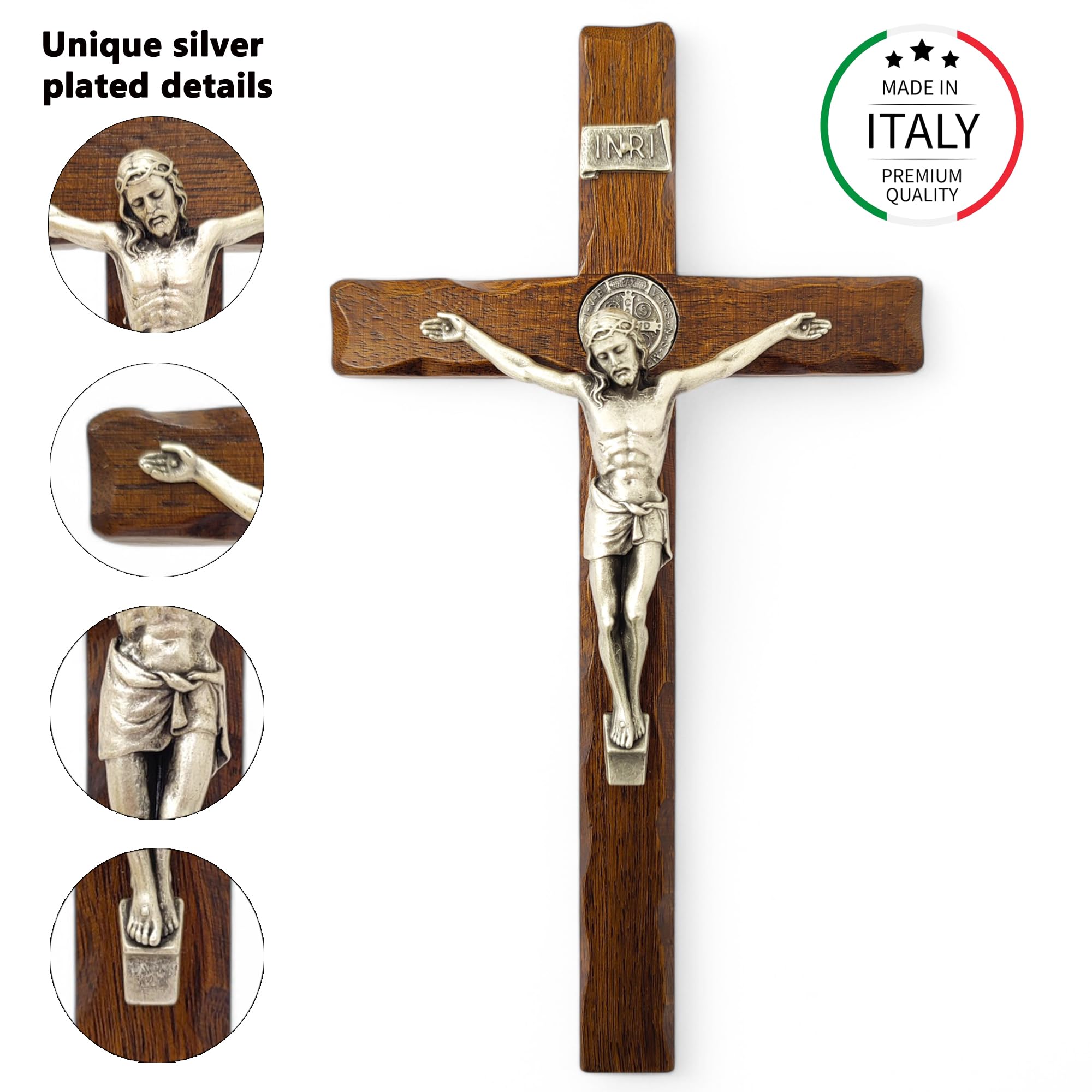 La Balestra - Crocifisso da parete di San Benedetto in legno naturale, Cristo placcato argento 999, prodotto in Umbria in Italia (35,5 x 16,5 x 3,5 cm)