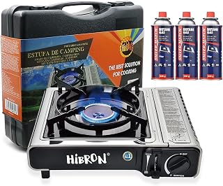 HIBRON Hornillo de Camping Portátil con Maletín – Compacto y Ligero, Compatible con Cartuchos de Gas EN17476/UL147B + 3 Cartuchos Incluidos