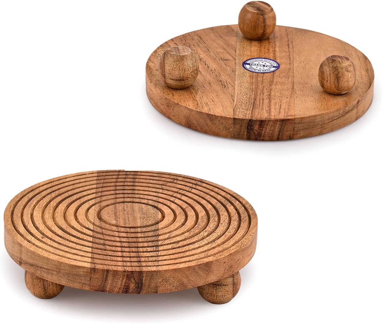 EDHAS Pedestals Acacia Wood Set of 2 Round Pedestal Riser Board for Display, Farmhouse Décor Displays Your Plant Bottles Candles for Your Home (6" X 6" X 1.5")