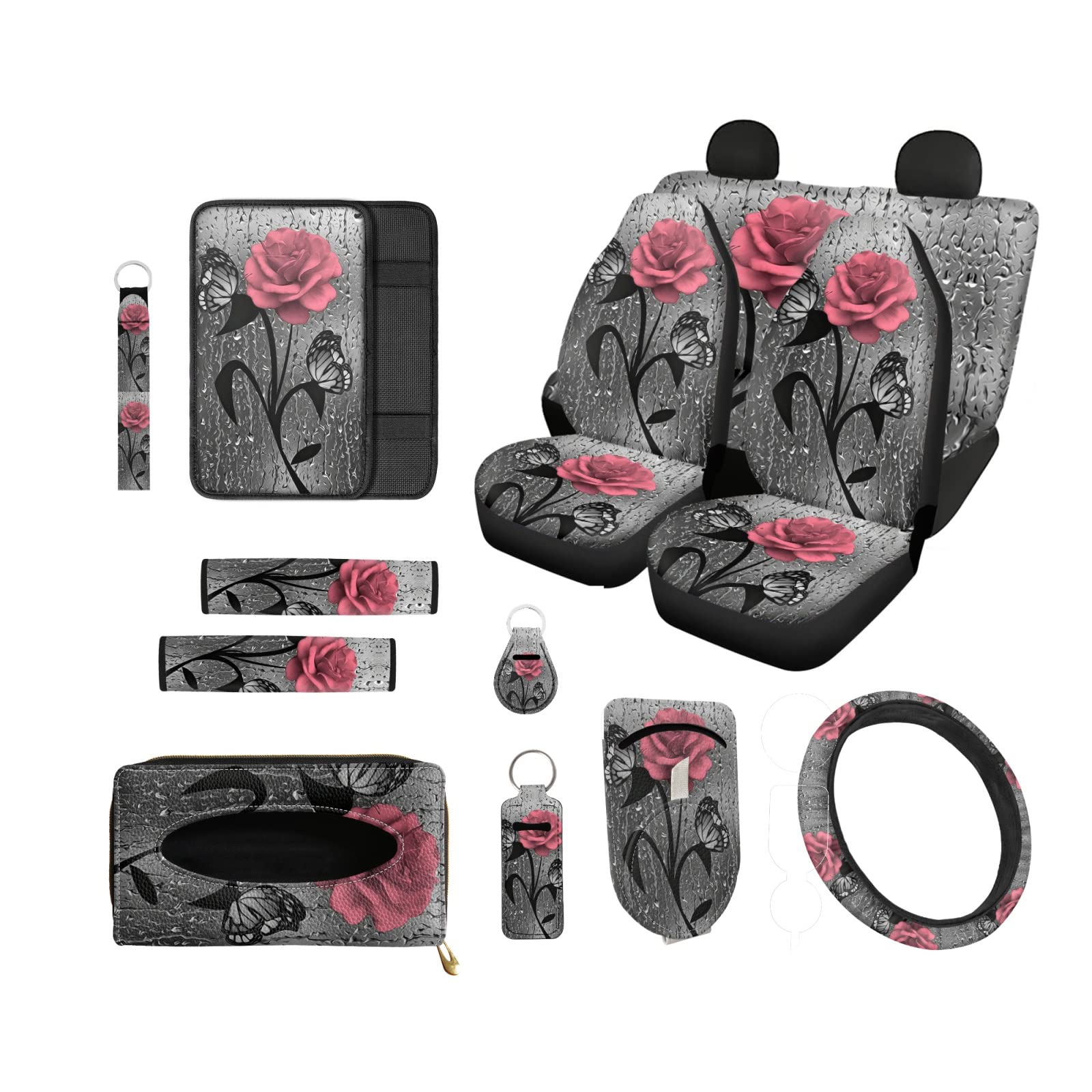Xoenoiee Juego completo de fundas universales para asiento de auto, incluye soporte para gafas de sol, soporte para gafas de sol, funda para volante, almohadillas para cinturón de seguridad, llaveros