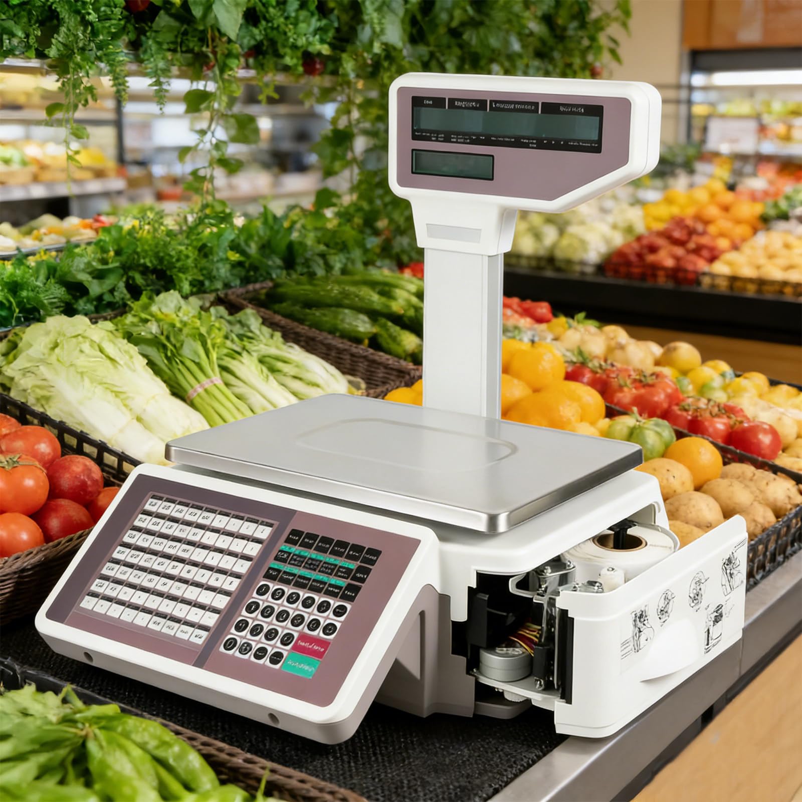 Handelswaage: Digitale Preisrechnerwaage, Etikettendruckwaage, Kontrollwaage. Doppeldisplay, 30 kg, druckt Etiketten & Belege, für Supermarkt bis Obstladen