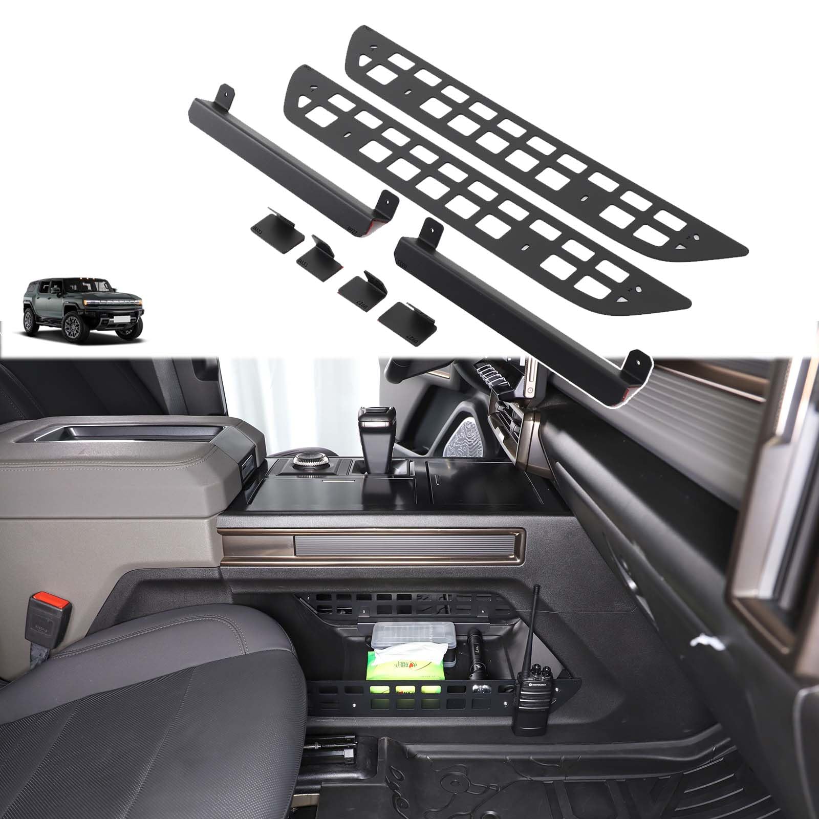 Lower Center Console Organizer Compatible with Hummer EV 2022-2026 Accessories SUV/SUT Lower Center Console Molle Panel Kits Center Divider Cargo Rack Storage System