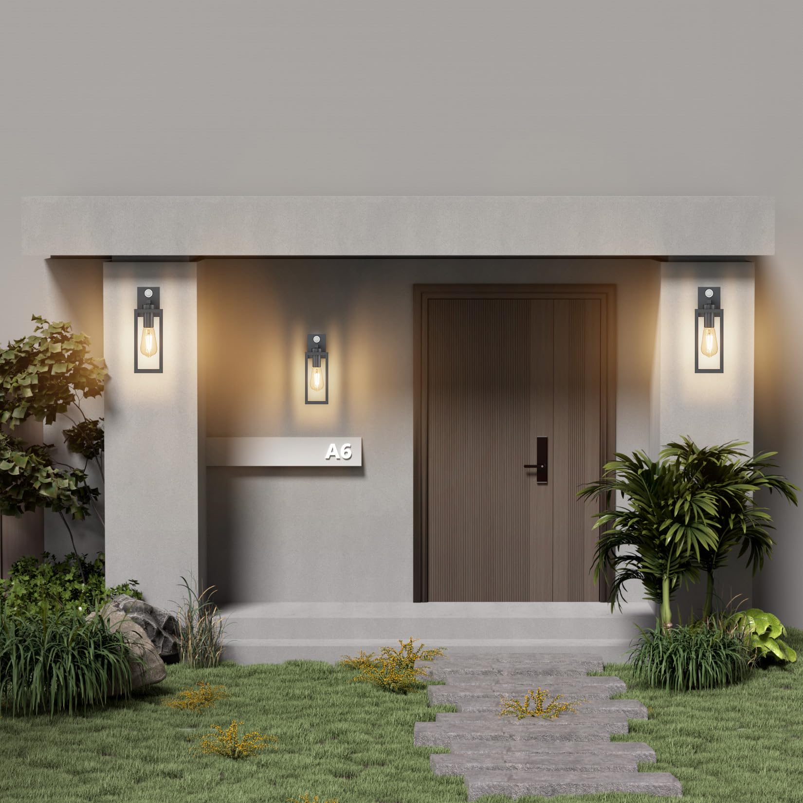 K-Bright 2 Stück Aussenlampe mit Bewegungsmelder, Mit E27-Fassung Anthrazit | Vintage Outdoor Wandlampe Laterne, max. 40 Watt, für Terrasse u. Hof(Glühbirne nicht enthalten)