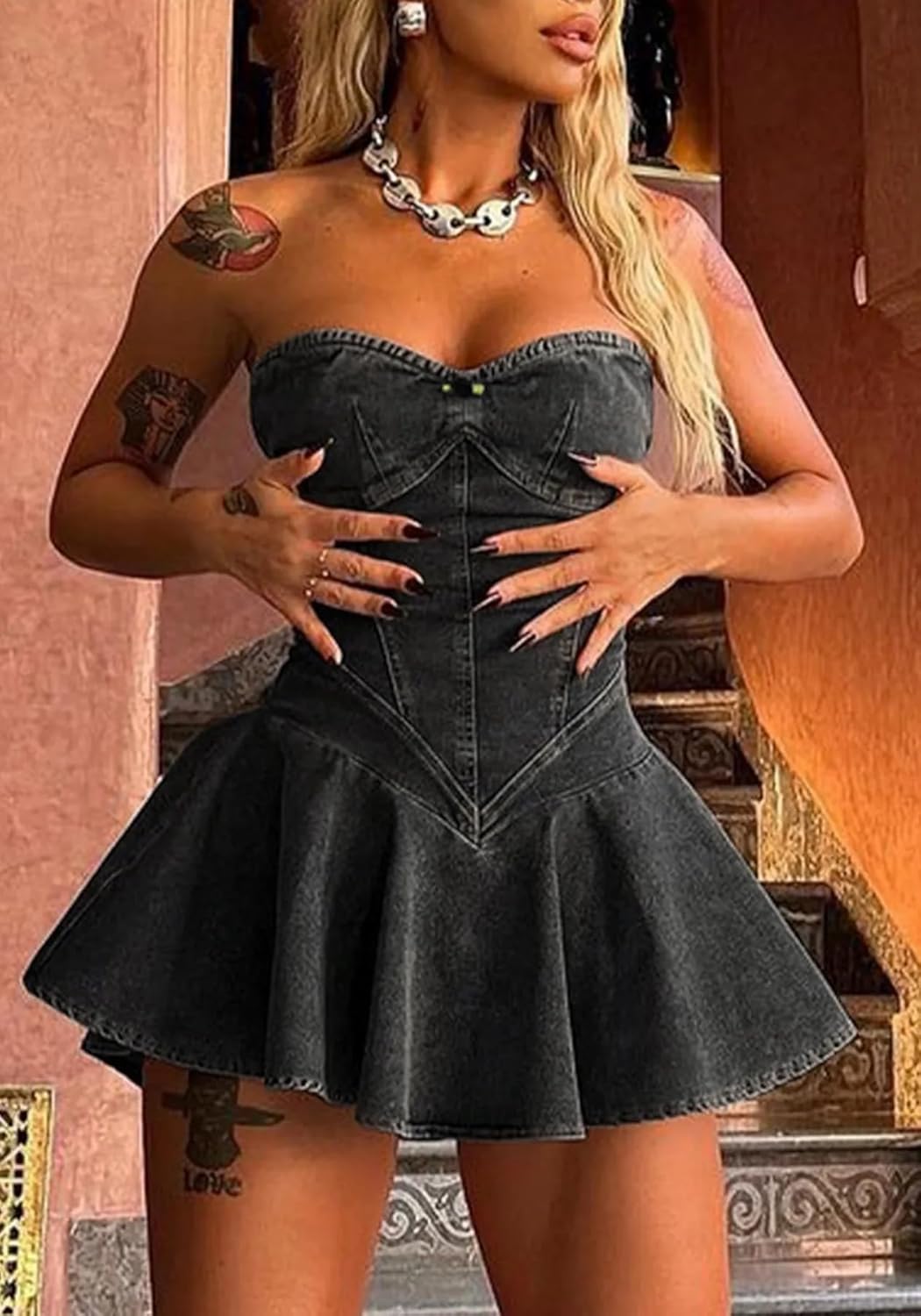 Women's Strapless Denim Dress Sexy Off Shoulder Corset Tube Pleated A Line Summer Mini Jean Dresses Clubwear - Image 7