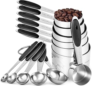 U-Taste Measuring Cups Spoons Set, 18/8 Stainless Steel, 12Pcs, Black | Upgraded Thickened Handle, Reinforced Welded Joints, Nested Stackable Design, Metal Measure Set for Kitchen Baking Cooking
