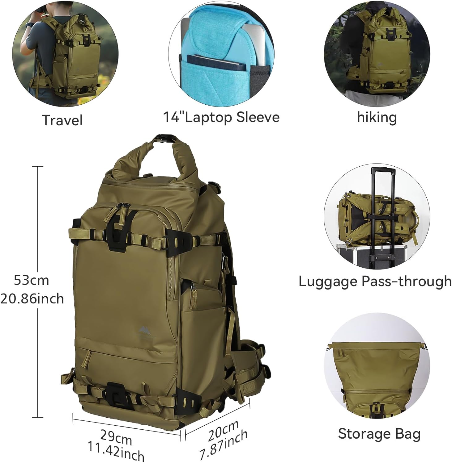 Tenzing 30L Water-Resistant Camera Backpack with Rain Cover, 14" Laptop Compartment, Fits DSLR, Drone, Lenses, Tripod-Brown - Image 2