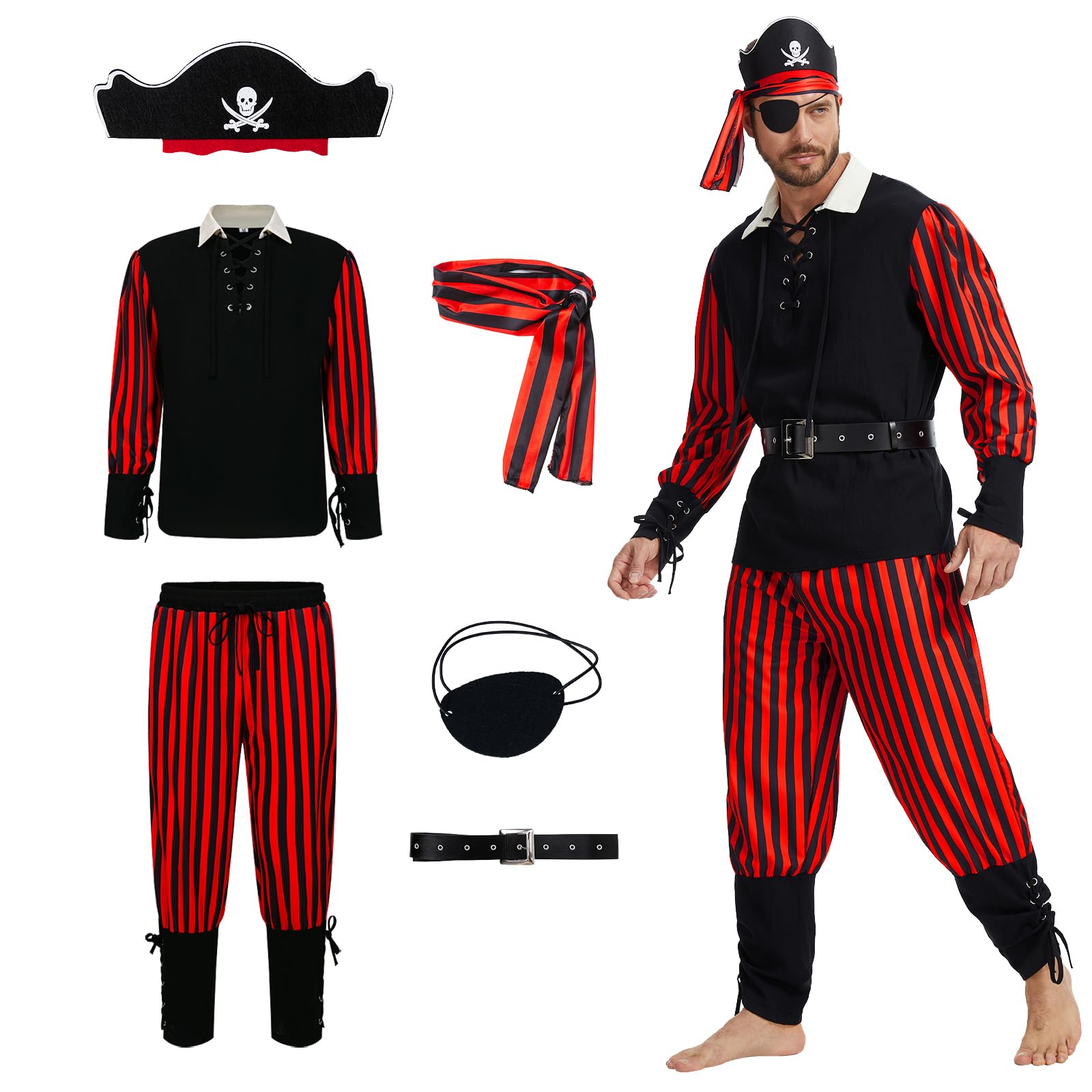 6Pcs Mens Pirate Costume Adult Set Pirate Outfit Men with Shirt Pants Hat for Halloween Cosplay Party