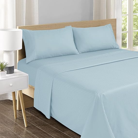 Feather & Stitch 500 TC Twin Size Damask Bed Sheet Set, 100% Cotton Soft Breathable Bedsheets, 3 Piece 18 Deep Pockets Sateen Weave Striped Bedding Mattress Resort Hotel Luxury- (Aqua Stripe)