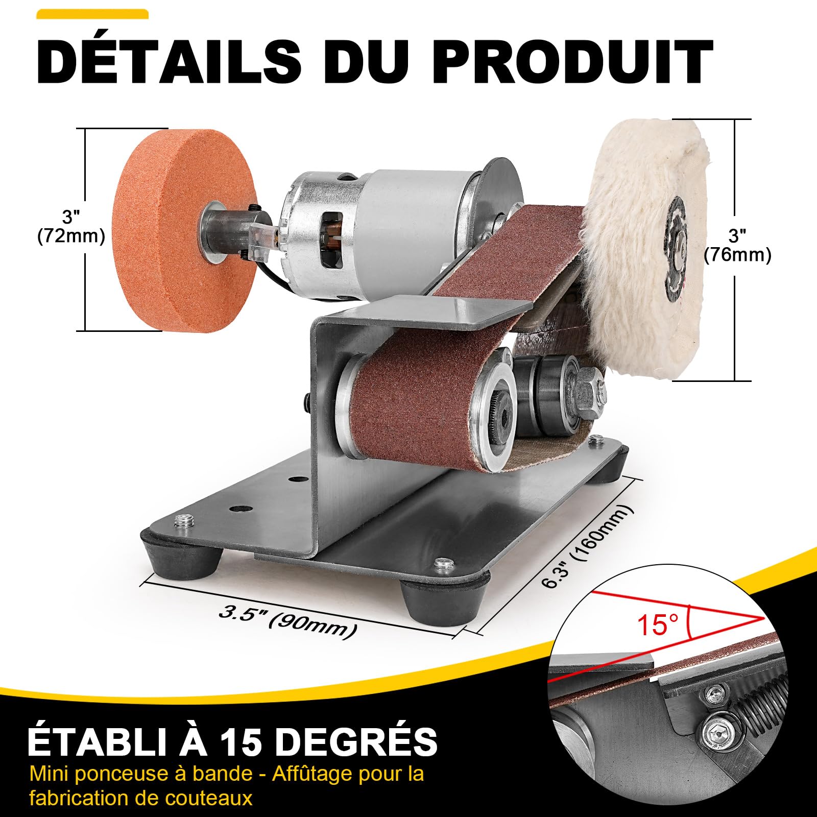 SI FANG Kit mini ponceuse à bande, Affûteurs électrique 15°, petite meuleuse d'établi à 7 vitesses, pour la fabrication de couteaux, l'affûtage des bords d'outils, le travail du bois et du métal
