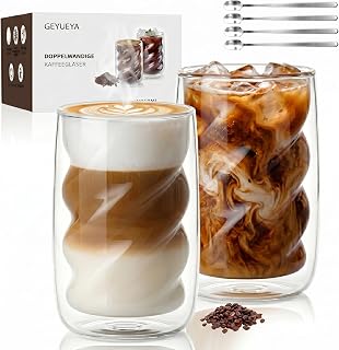 Latte Macchiato Gläser 350ml Doppelwandige mit Löffeln (2er Set) | Spülmaschinenfest, Eine Stunde längere Wärme- und Kälteerhaltung, Geschenk, Café, Haushalt
