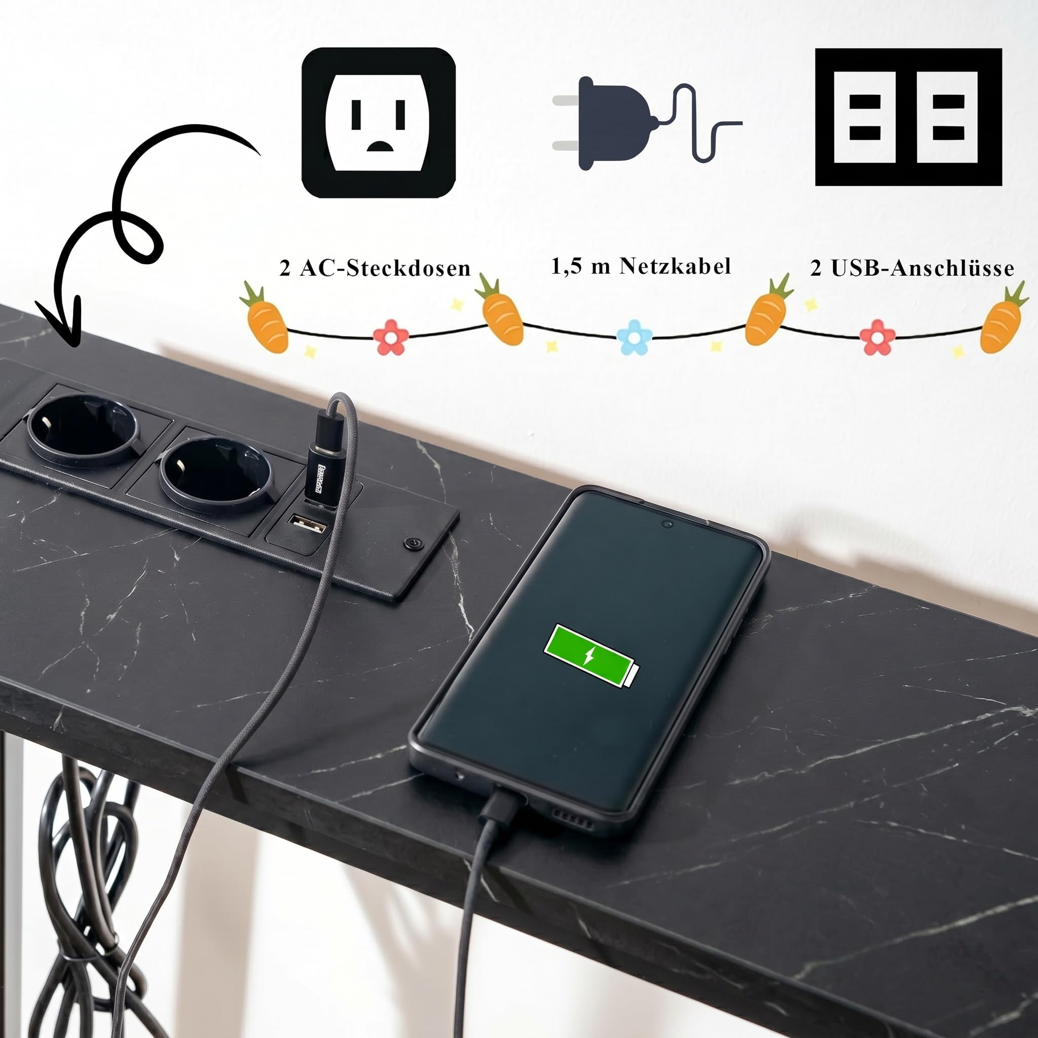 Mesa Consola Recibidor Entrada con Toma 160 cm A.(Mármol Falso/Juego de 2)