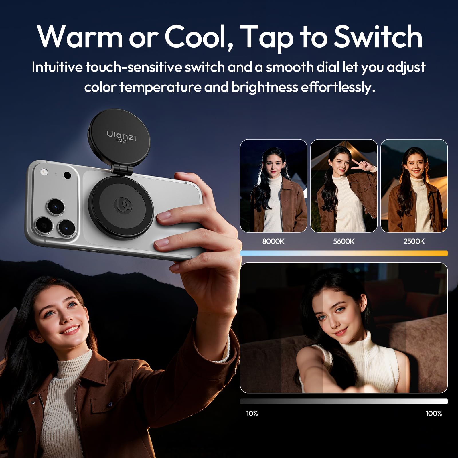 ULANZI LM21 Luz Magnética para Selfie, Anillo de Luz para iPhone, Luz de Relleno para Móvil con 3 Temperaturas de Color (2500 K-8500 K), Videollamada, Conferencia y Fotografía