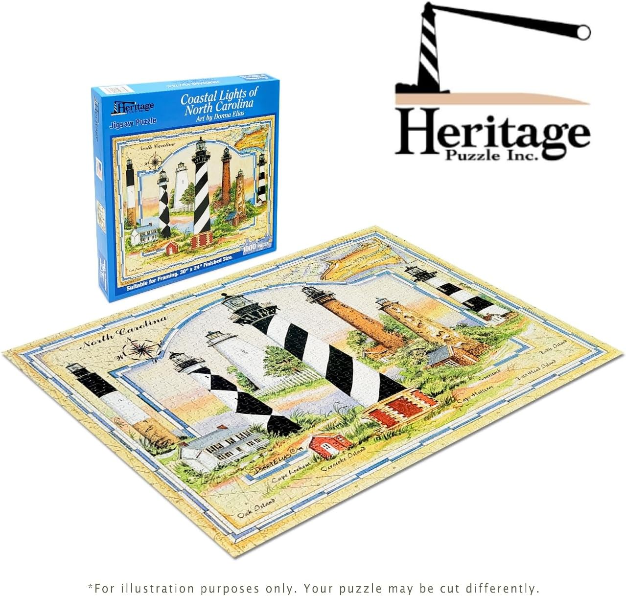 Heritage Coastal Lights of North Carolina Jigsaw Puzzle by Donna Elias - 1000 Pieces - Coastal Theme Puzzles for Adults - Size 30"x24" - Historical Beach Puzzle Made in U.S.A.