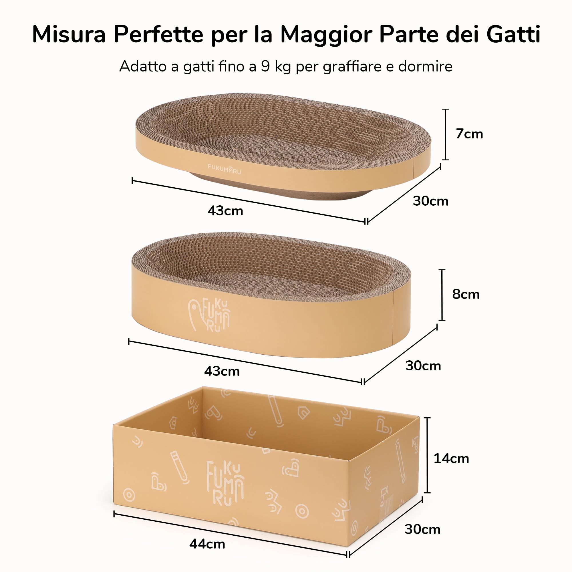 FUKUMARU Set 3 Pezzi Tiragraffi in Cartone per Gatti, Cuccia e Tiragraffi Ovale con Graffiatoio per Gatti Adulti Interni, Salvaspazio e Resistente, Protezione Divano e Mobili Interni.