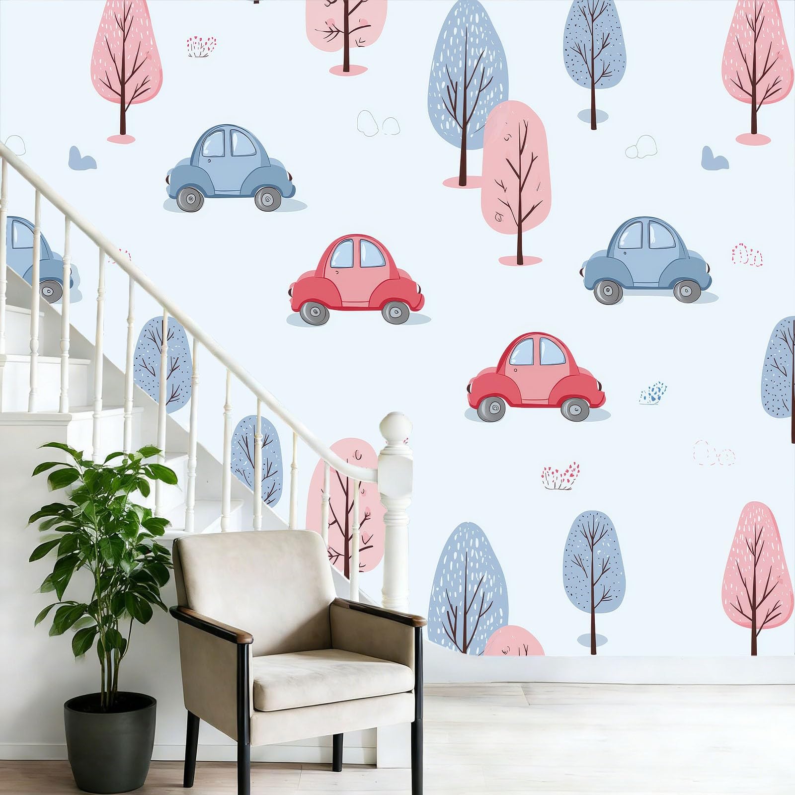 Fototapeta nowoczesna akwarela samochody drzewo tapeta malowidła ścienne jasnoniebieski plakat fotograficzny do sypialni salonu TV ściana 400 x 280 cm