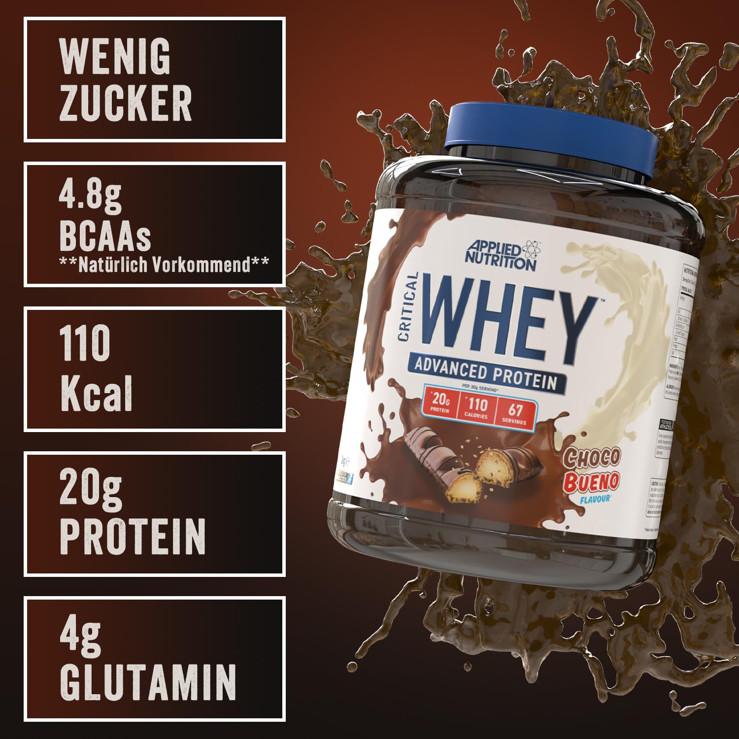 Applied Nutrition Critical Whey Protein Pulver 24g Pro Portion | Hohem Eiweißgehalt Ergänzungsmittel - Schoko-Haselnuss