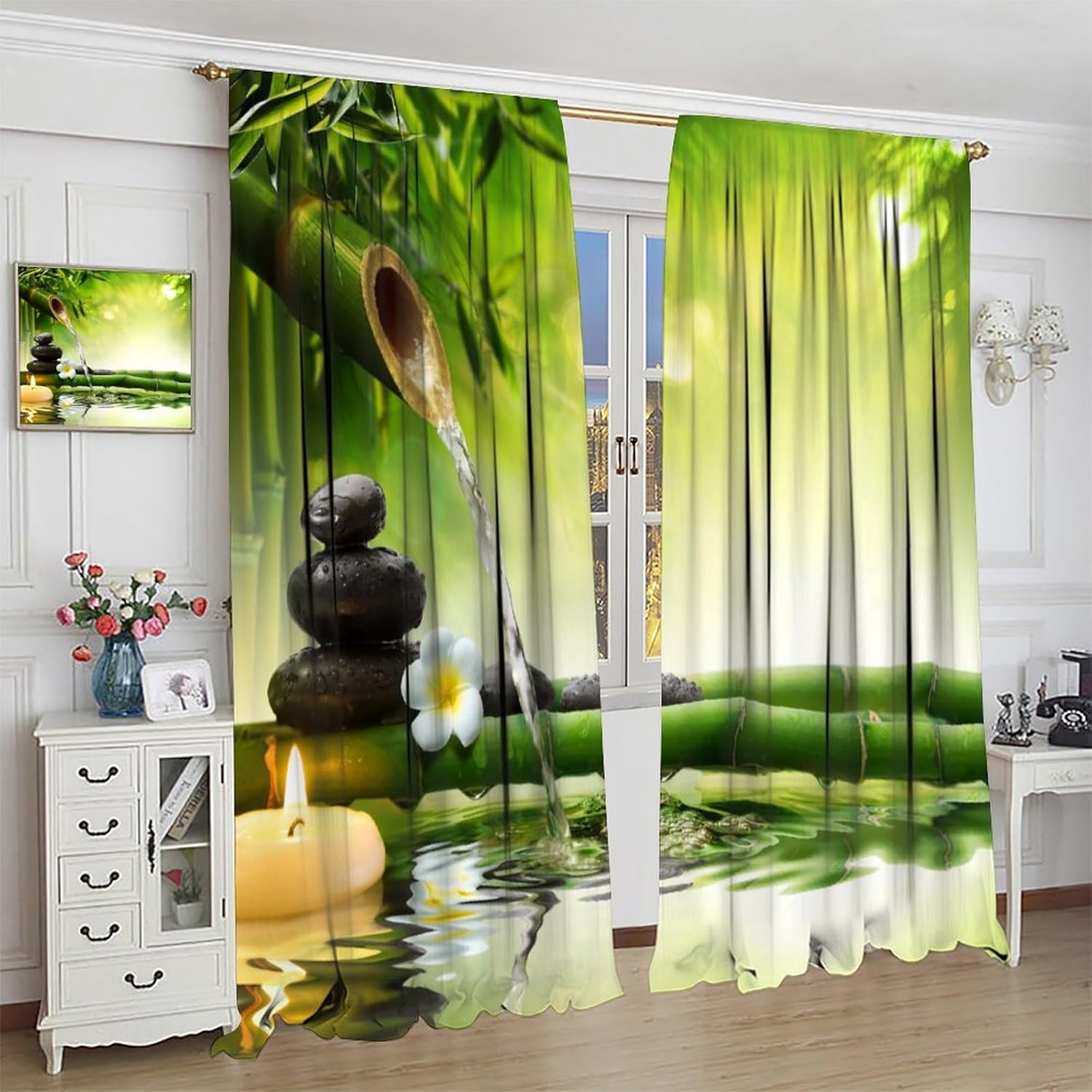 Zen Stone Curtains, Meditation Spa Relaxation Theme Yellow Natural Scenery Bamboo Floral Candle Reflection in Water, Blackout Rod Pocket Window Treatments for Living Room Bedroom Bathroom 42x54in
