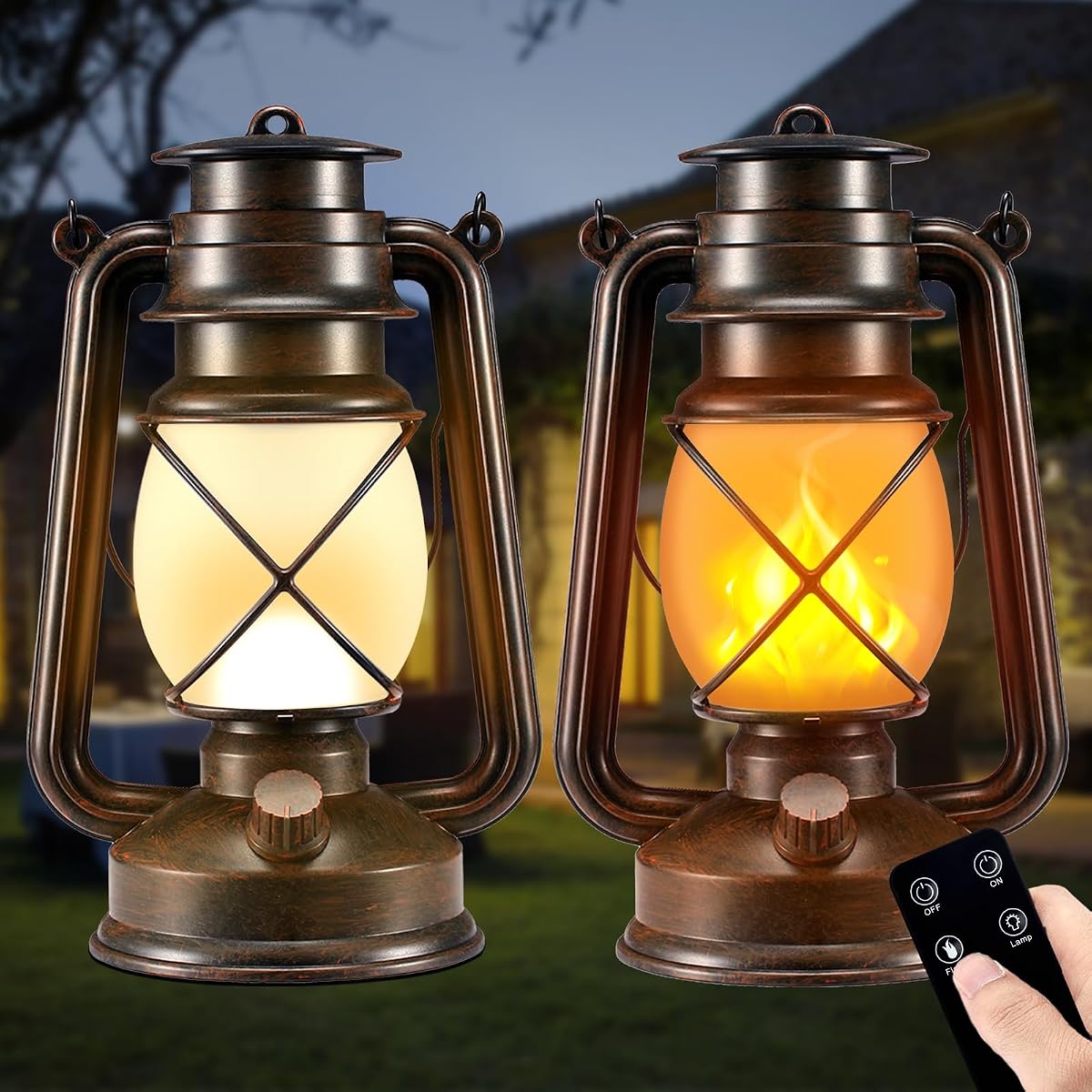 2 Pack Battery-Powered LED Bronze Vintage Lanterns with Remote Control | 2 Lighting Modes, Outdoor Lights with Dancing Flame, Waterproof Retro Decorative Lanterns for Indoor Room, Garden, Porch