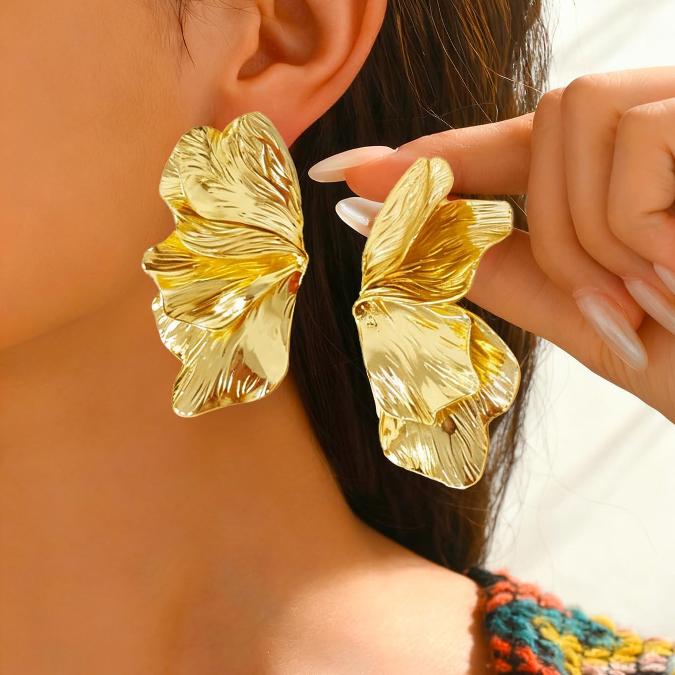 Chunky Gold Earrings for Women Gold Statement Earring Large Irregular Flower Stud Earrings layered Pearl Flower Earring Bohemian Prom Jewelry Gift for Women - Image 2