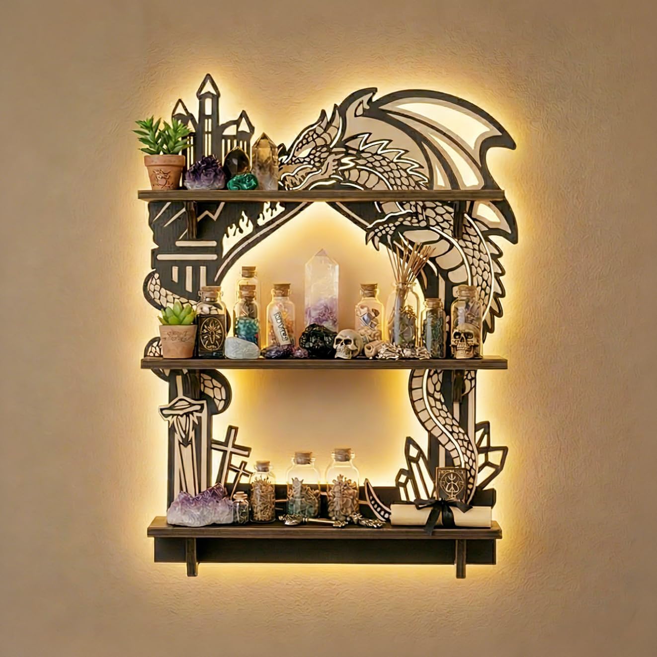 Wooden Dragon Shelf, Gothic Trinket & Knick Knack Shelves, Witchy Fantasy Decor with LED Light, Floating Shelf for Crystals Rocks Gems Healing Stones Display, Essential Oil & Nail Polishe Wall Shelf