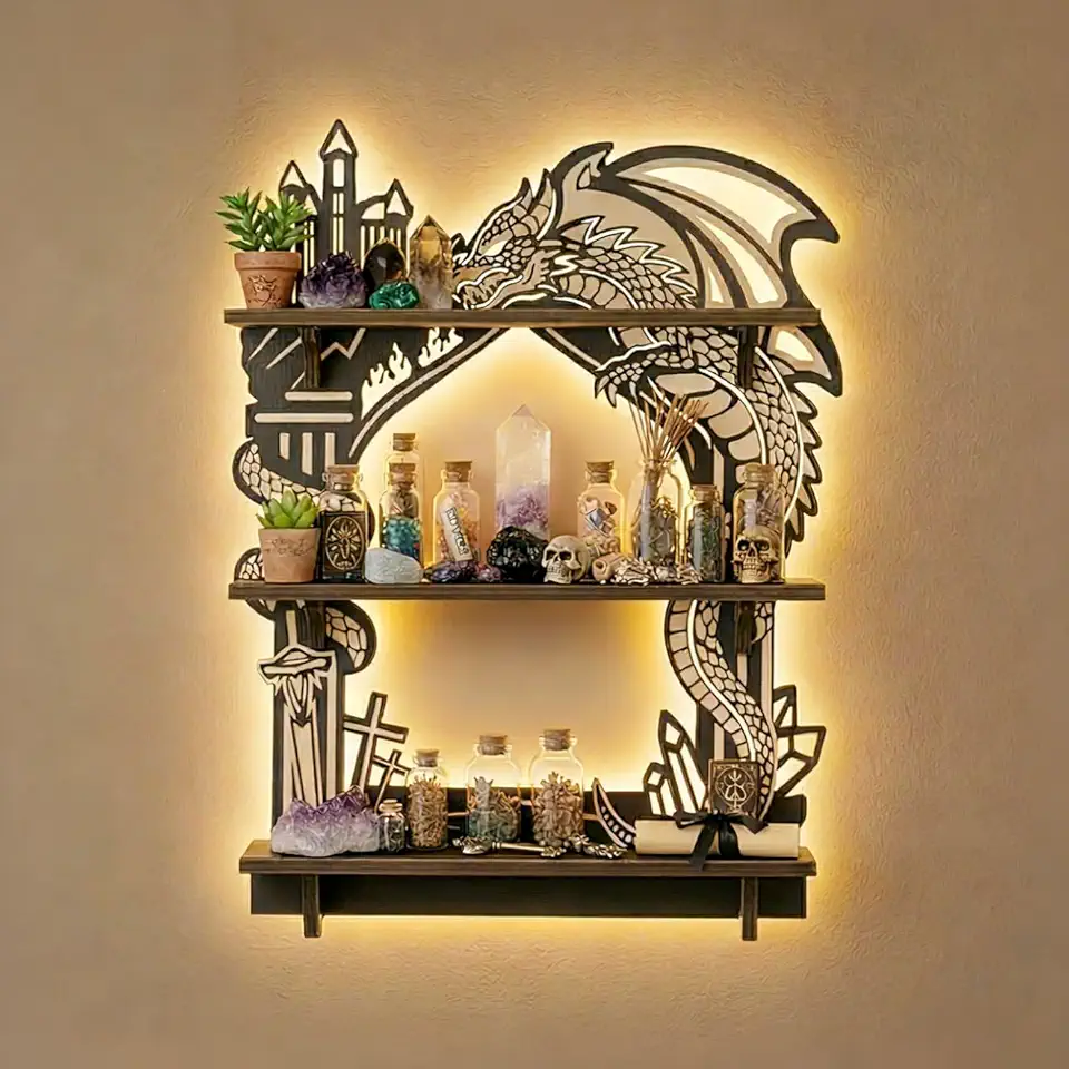 Prateleira de dragão de madeira, prateleiras góticas e bugigangas, decoração de fantasia bruxa com luz LED, prateleira flutuante para exibição de pedras de cristais, pedras de cura, óleo essencial e