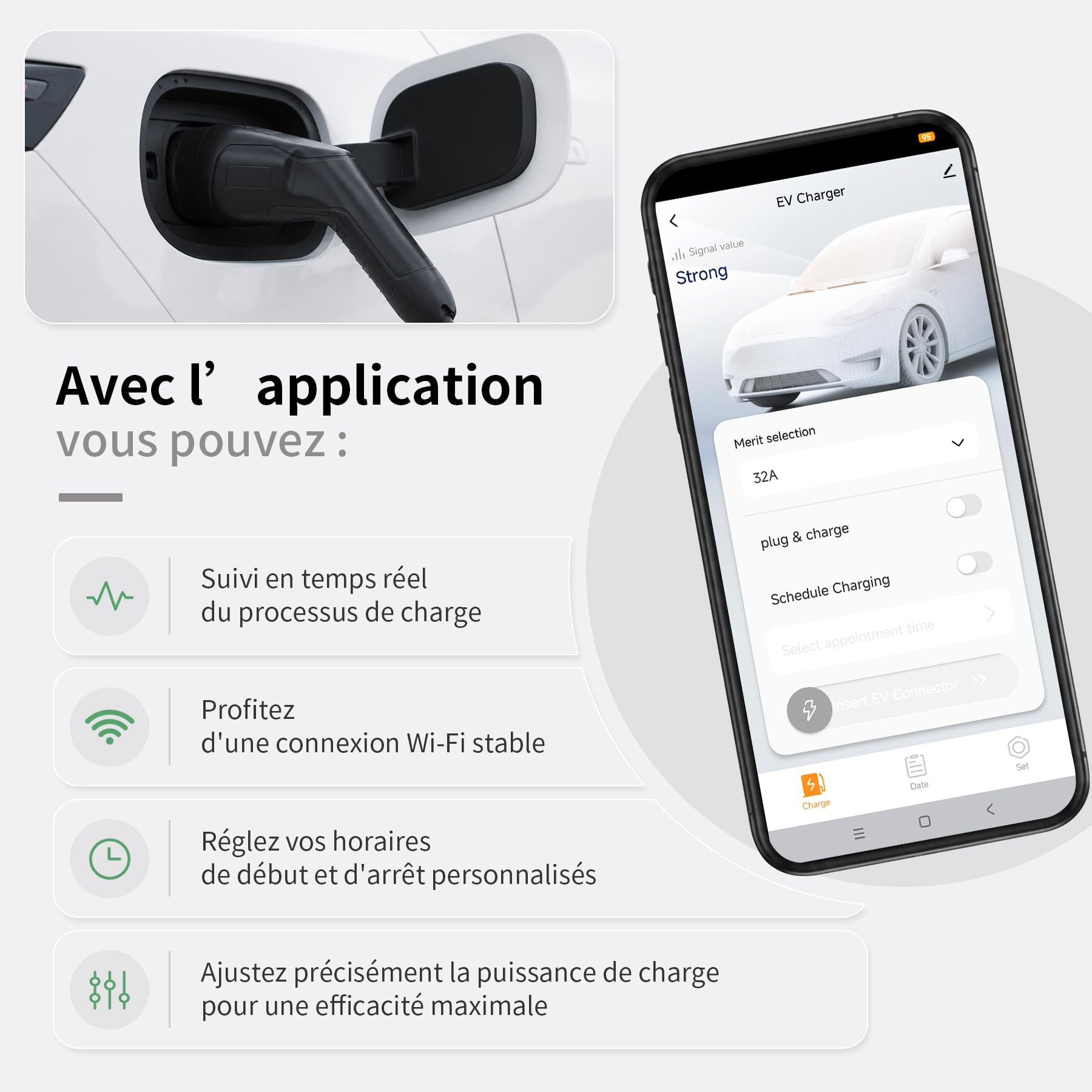 Wallbox 22kW Borne de Recharge avec APP Triphasé (400V,6A-32A,8m câble)