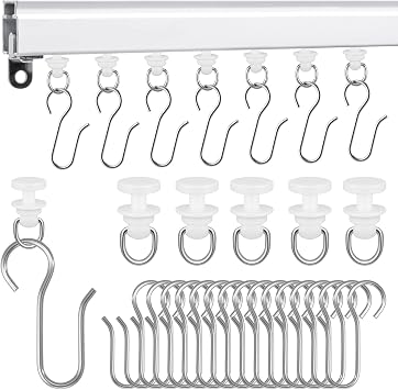120 Pcs Shower Curtain Track Gliders & Curtain Hooks Set, Ceiling Mount Sliding Track S Shaped Metal Drapery Hooks and Plastic Rollers Sets for Drape Rails and Tracks