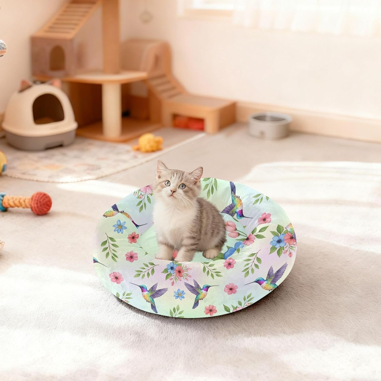 Hummingbirds Flowers Green Pattern Dog Bed Plush Small Medium Dog Cat Bed Washable Donut Pet Puppy Beds for Small Medium Dogs Cats Indoor,M