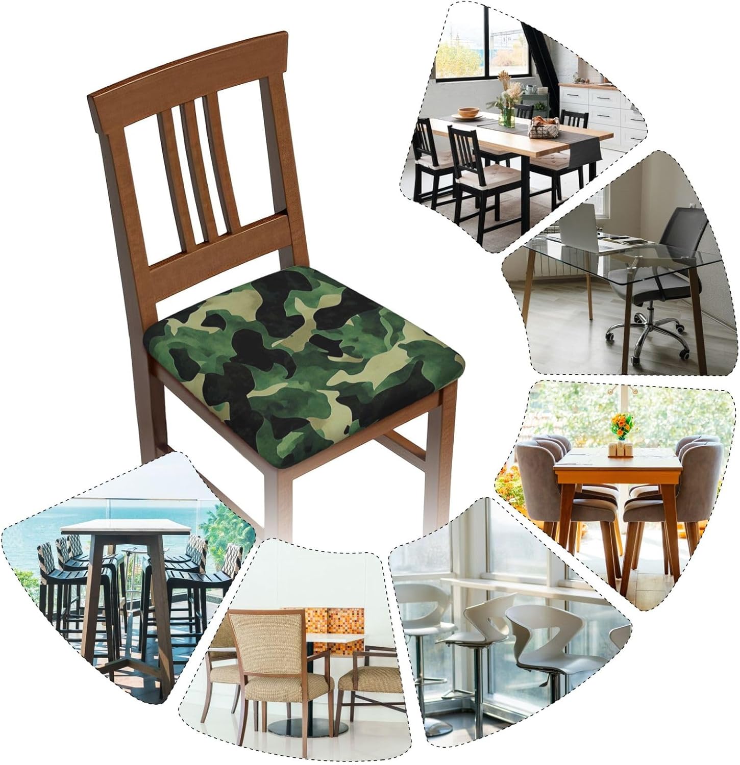 Camouflage Green Print Square Cushion Covers 6 Pcs Set Elastic Non-Slip Seat Cushion Slipcovers Pet Furniture Protectors for Chair, Sofa