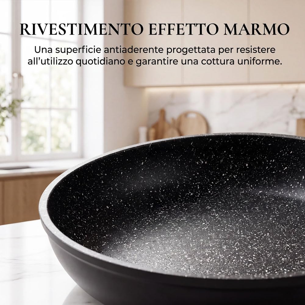 081 Store - Set 3 Padelle Antiaderenti Nere 20, 24 e 28 cm, Padelle per Induzione, Gas e Tutti i Piani Cottura, Rivestimento Effetto Granito, Alluminio Forgiato, Senza PFOA, Manici Effetto Legno