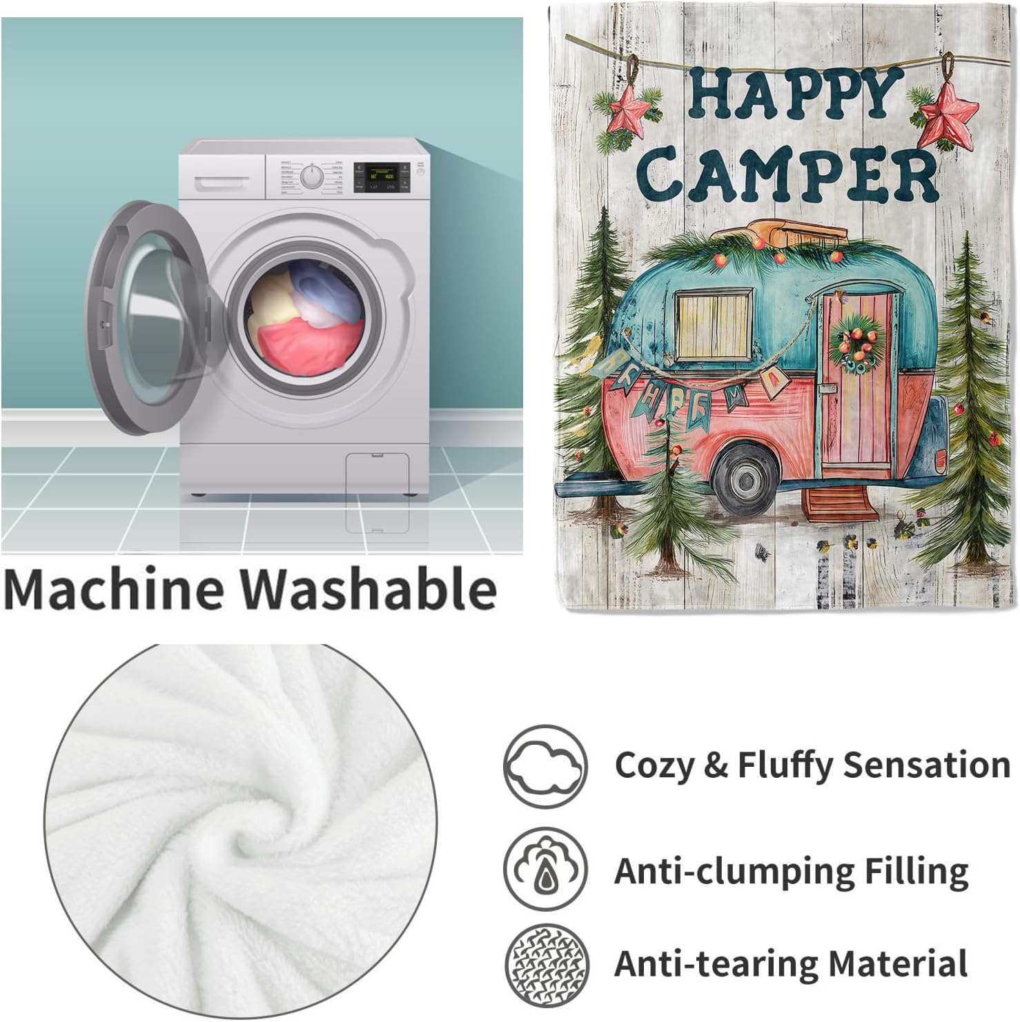 Camper Flannel Blanket, Camp Gifts, Camping-Themed Blanket for Women, Soft Lightweight Throw Blankets for Bed Home Travel Decor 60" x 80"