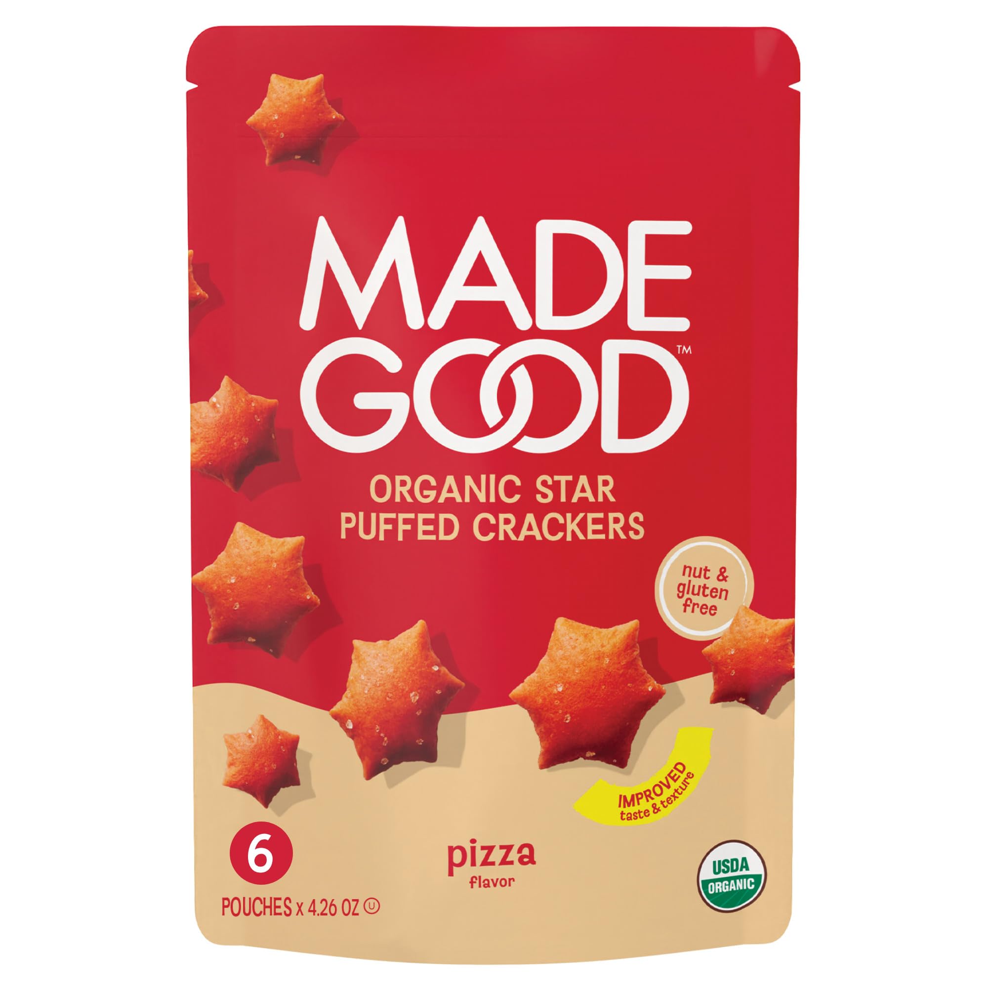 MadeGood Star Puffed Crackers, Pizza, 6 Bags (4.26oz Each) Gluten Free and Organic, Healthy Snacks