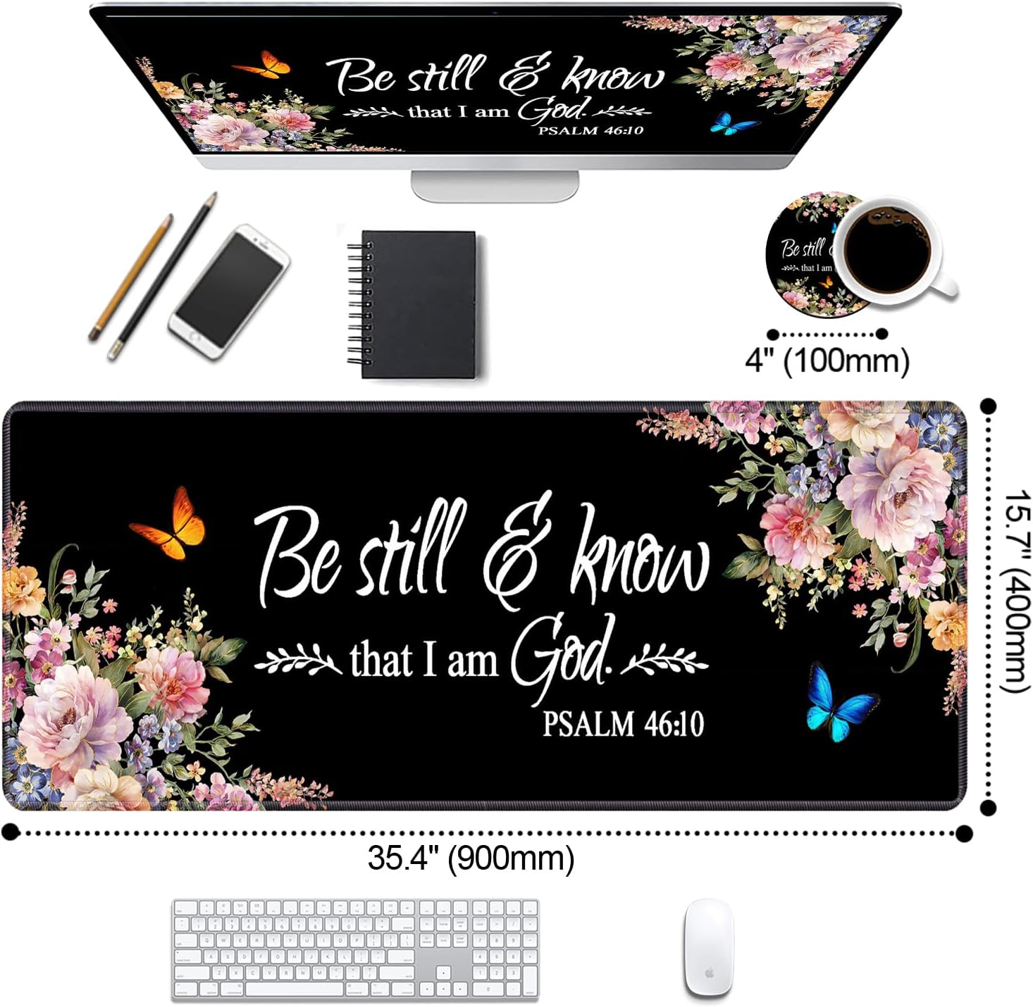 Desk Pad Mat Gaming Mouse Pads with Coasters Set, Stitched Edges Design XXL Large Mouse Pad for Laptop Computers Floral Quote Bible Verse Psalm 46:10 Desk Writing Mat for Office & Home 35.4"x 15.7"
