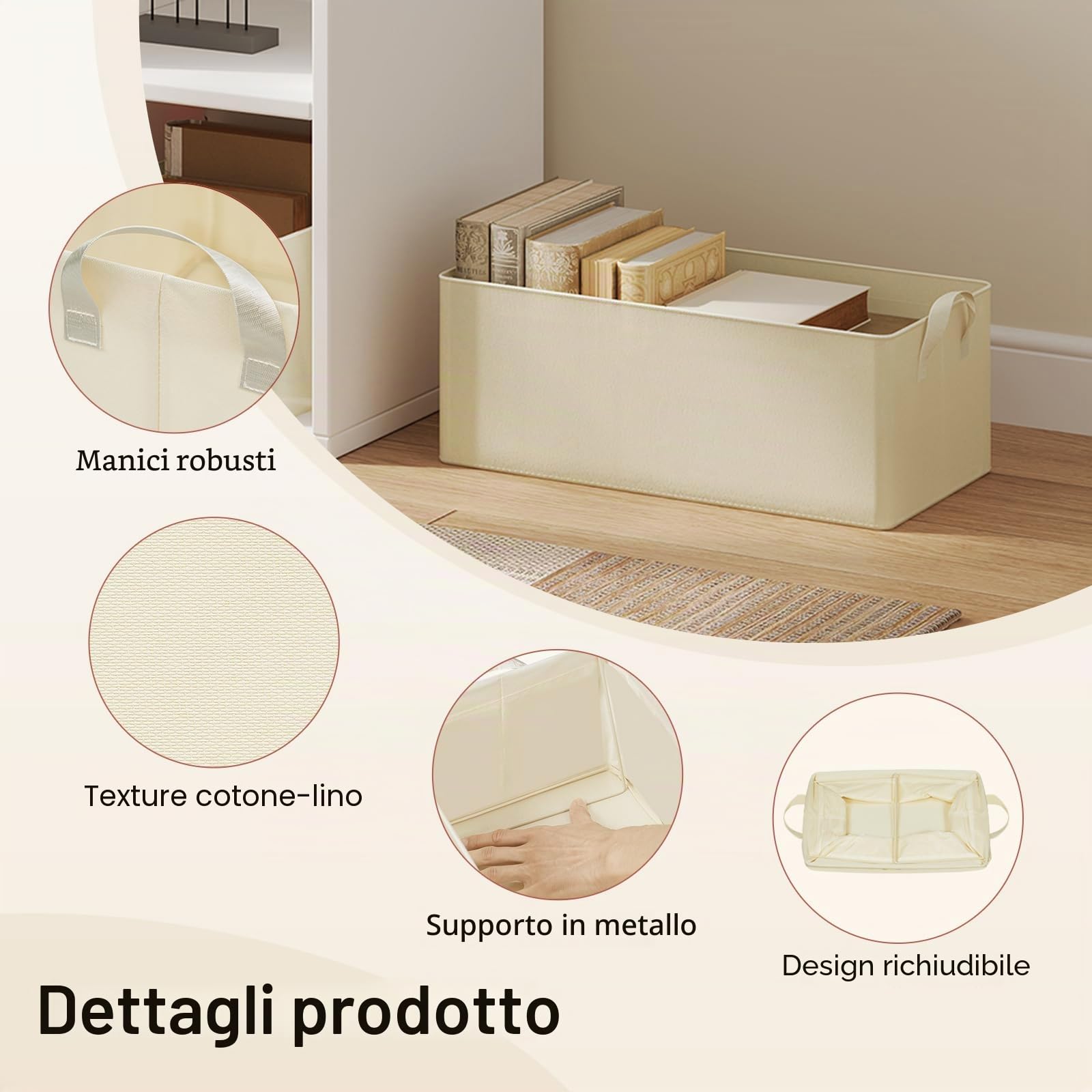 WOLTU Set di 10 Scatole Portaoggetti Pieghevoli, Contenitori in Tessuto con Manici, per Vestiti e Giocattoli, Crema, 47x28x20cm